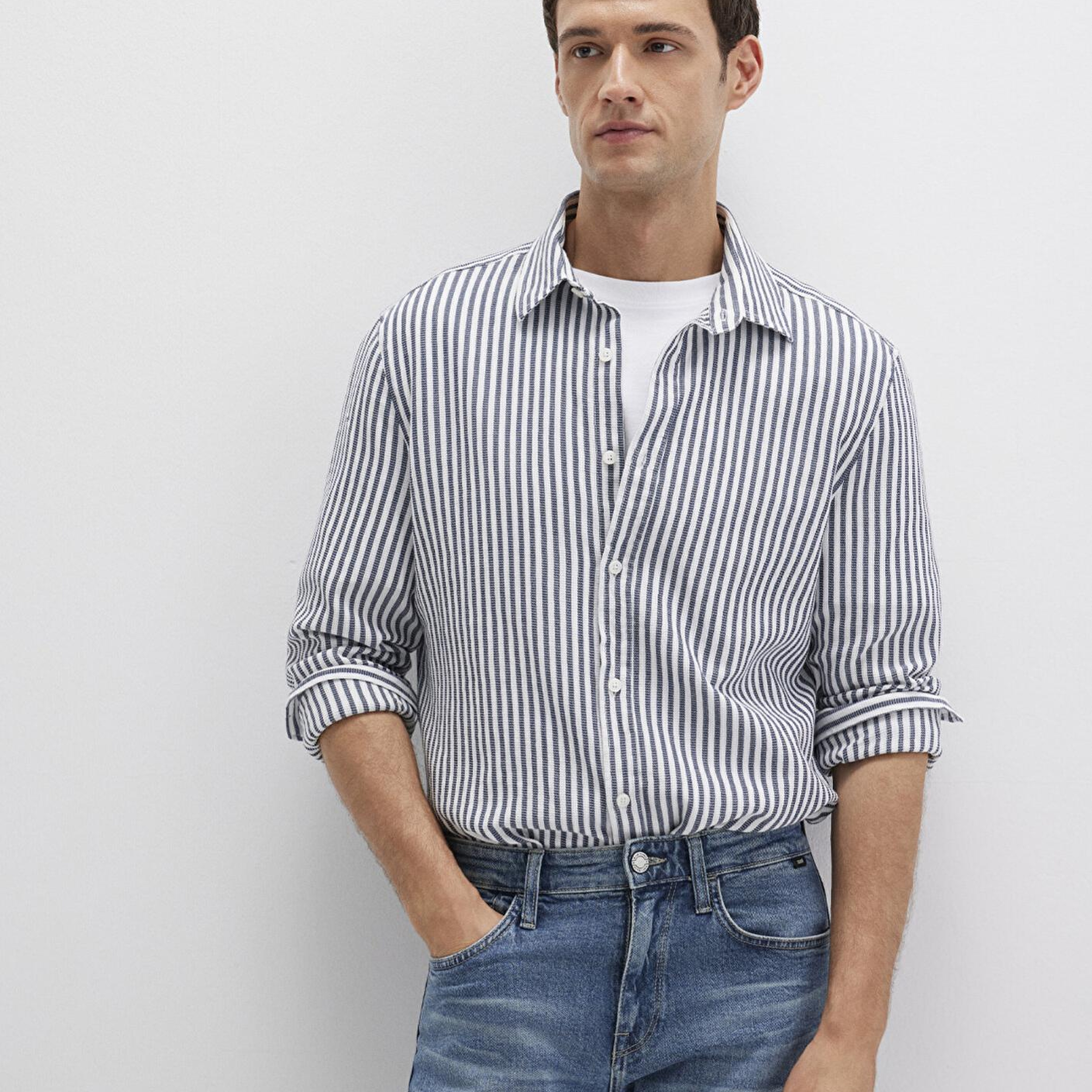 Mavi Çizgili Lacivert Gömlek Slim Fit / Dar Kesim 0211692-90911