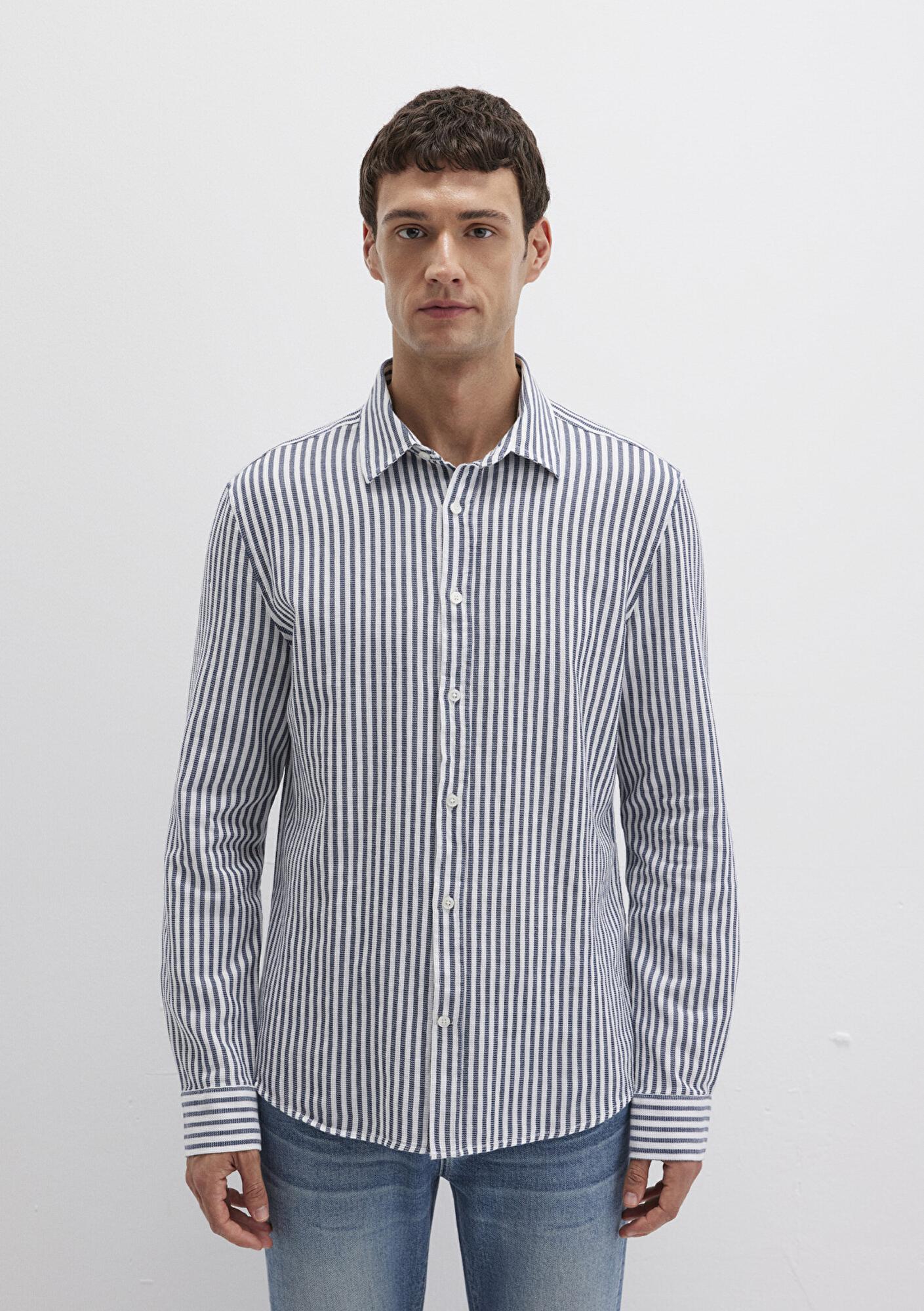 Mavi Çizgili Lacivert Gömlek Slim Fit / Dar Kesim 0211692-90911