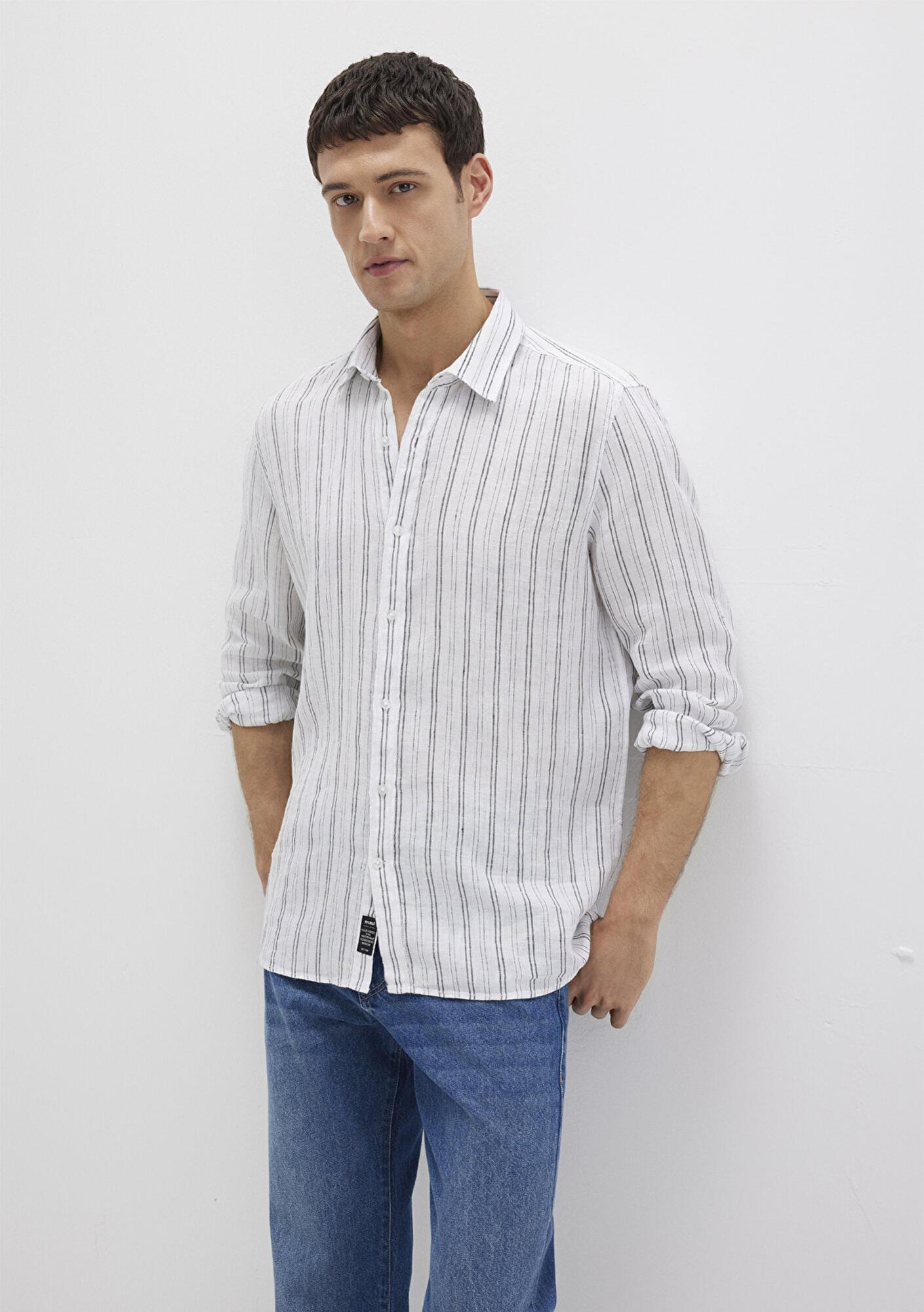 Mavi Çizgili Beyaz Gömlek Regular Fit / Normal Kesim 0211695-90914