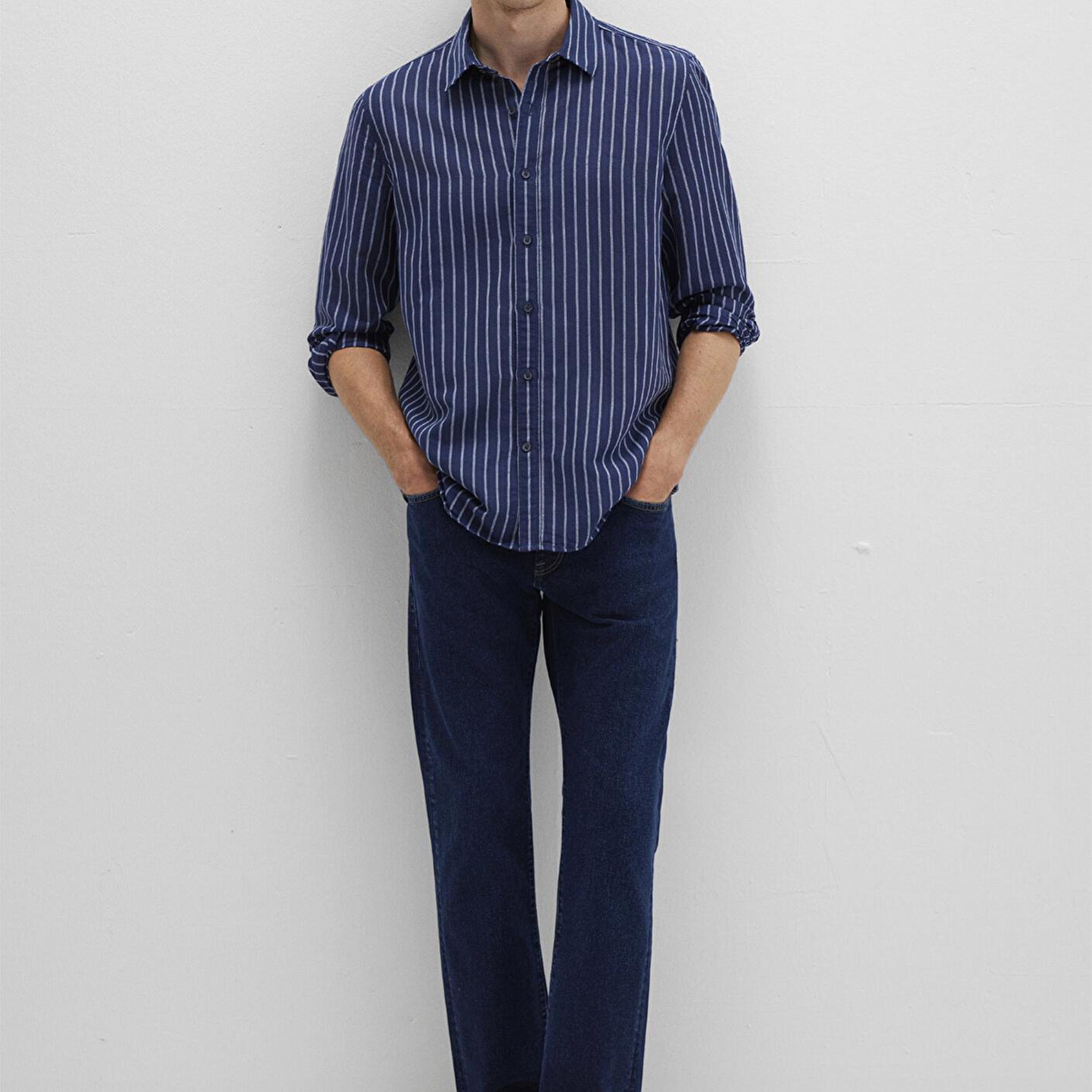 Mavi Keten Karışımlı Çizgili Lacivert Gömlek Regular Fit / Normal Kesim 0211699-90920