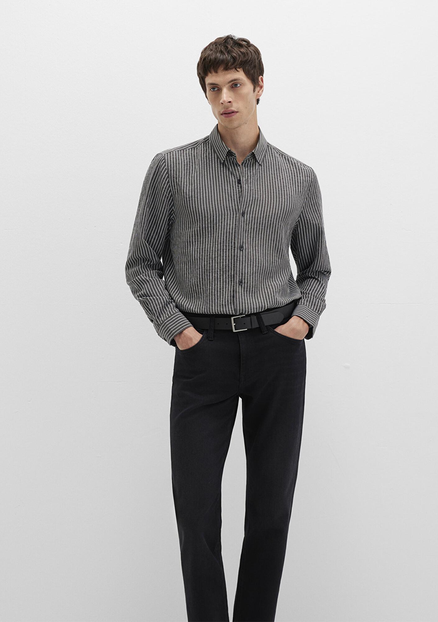 Mavi Çizgili Antrasit Gömlek Regular Fit / Normal Kesim 0211669-90902