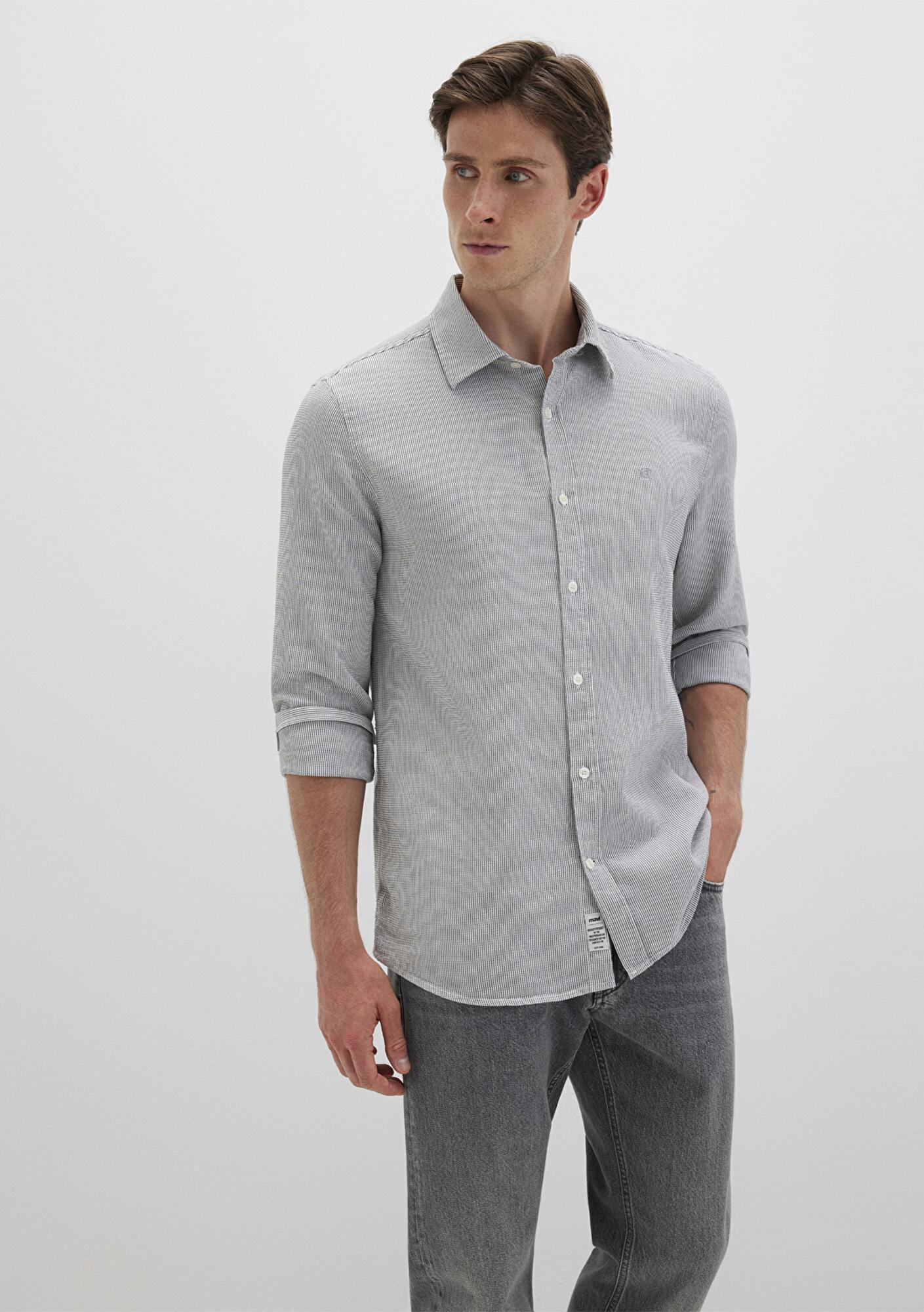 Mavi Çizgili Yeşil Gömlek Slim Fit / Dar Kesim 0211653-90861