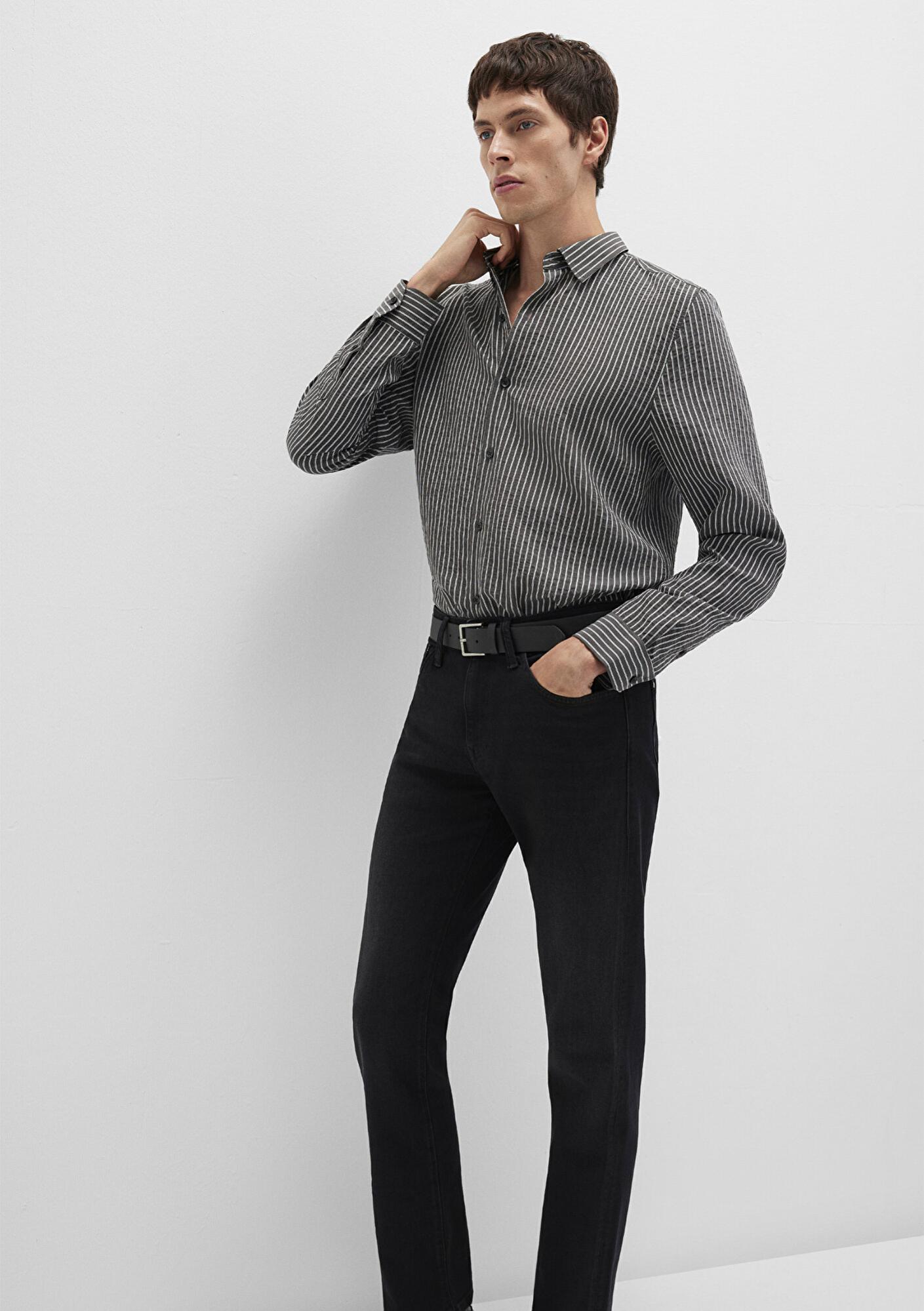 Mavi Çizgili Antrasit Gömlek Regular Fit / Normal Kesim 0211669-90902