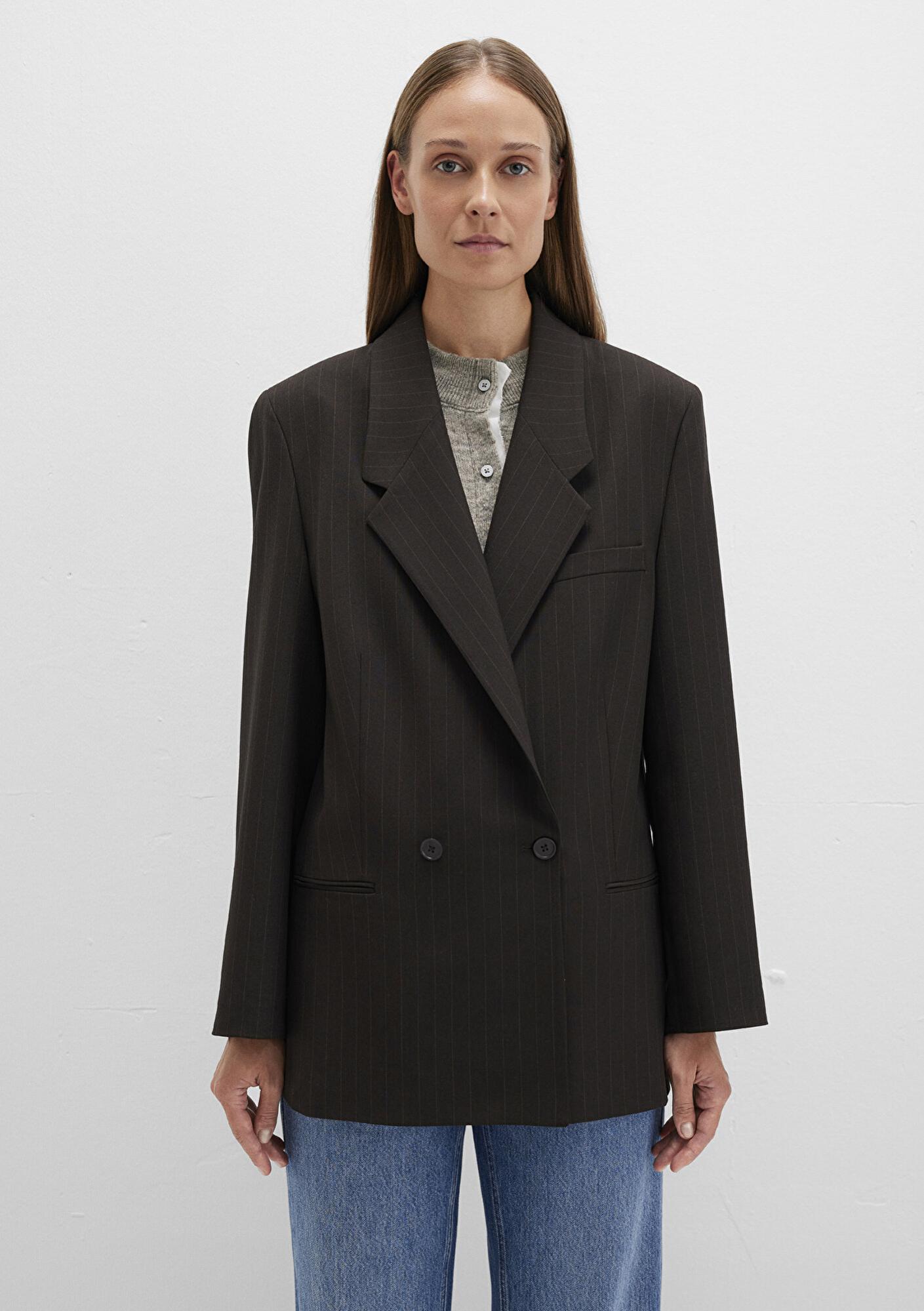 Mavi Kahverengi Çizgili Kruvaze Blazer 1110772-85431