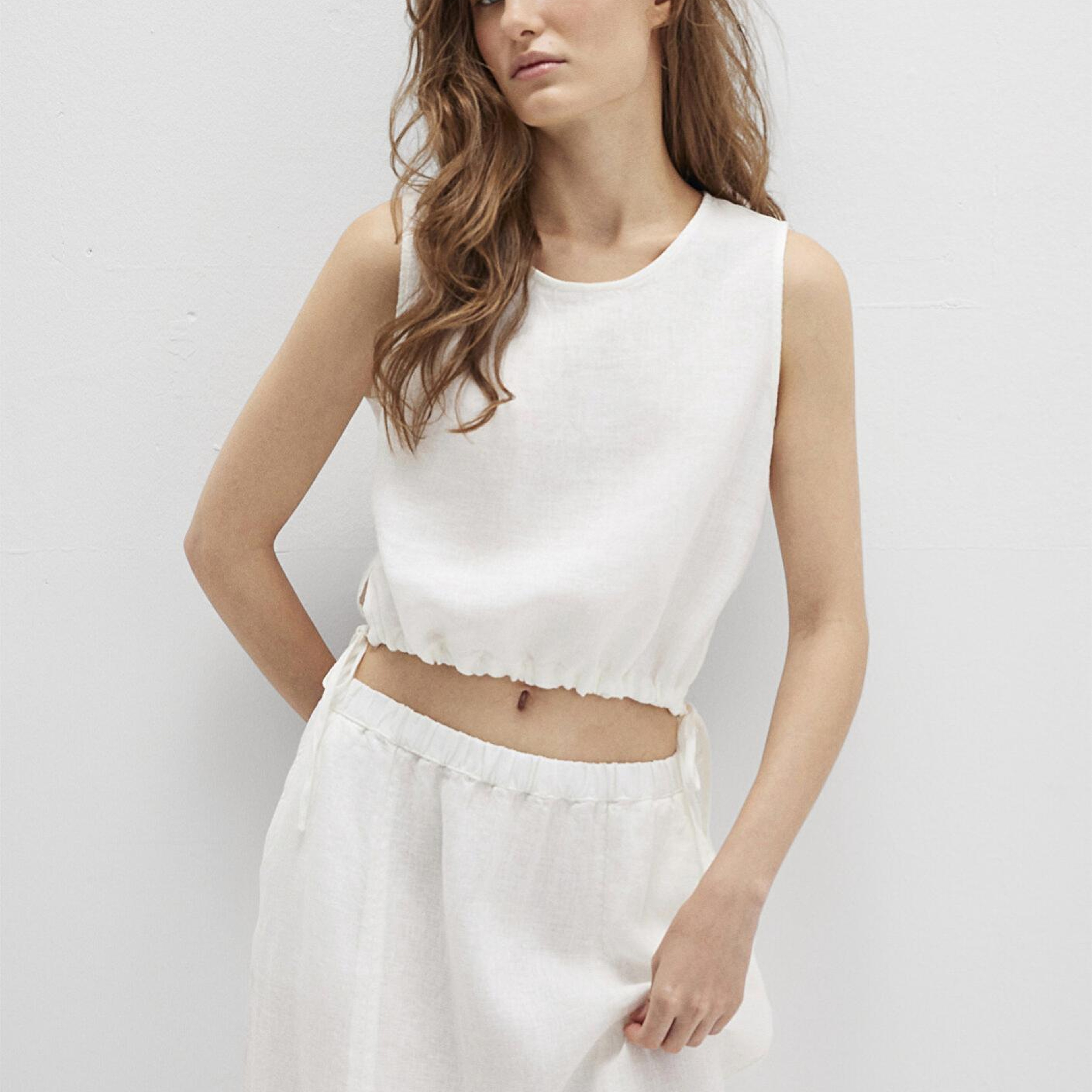 Mavi Beli Bağcıklı Beyaz Keten Top 1211189-70057