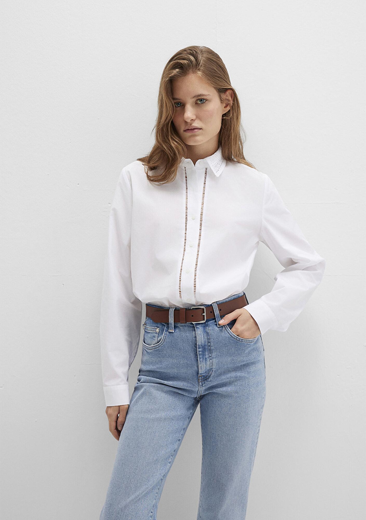 Mavi Nakışlı Şerit Detaylı Beyaz Gömlek Regular Fit / Normal Kesim 1211174-70057