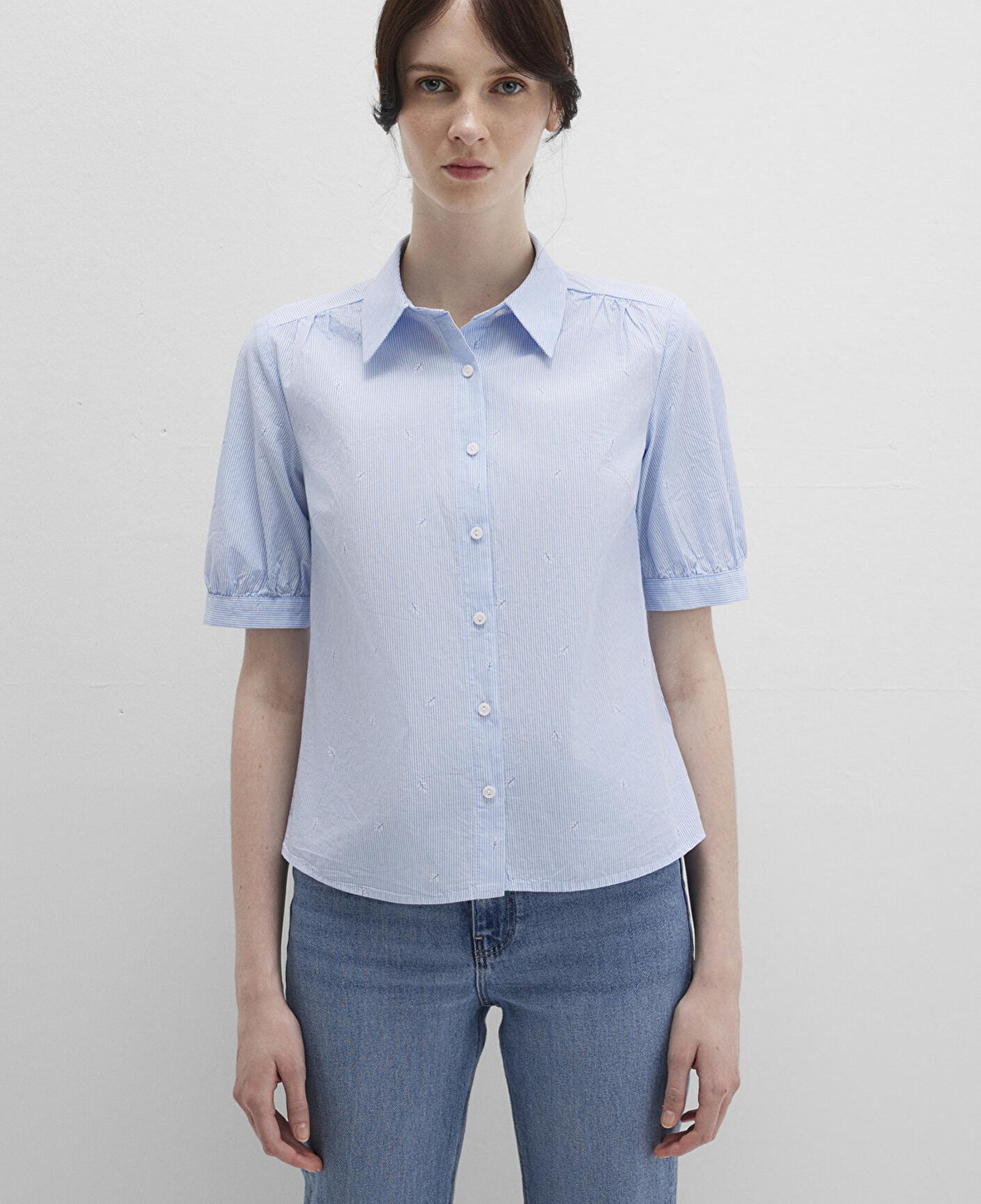 Mavi Kısa Kollu Çizgili Mavi Gömlek Fitted / Vücuda Oturan Kesim 1210060-90700