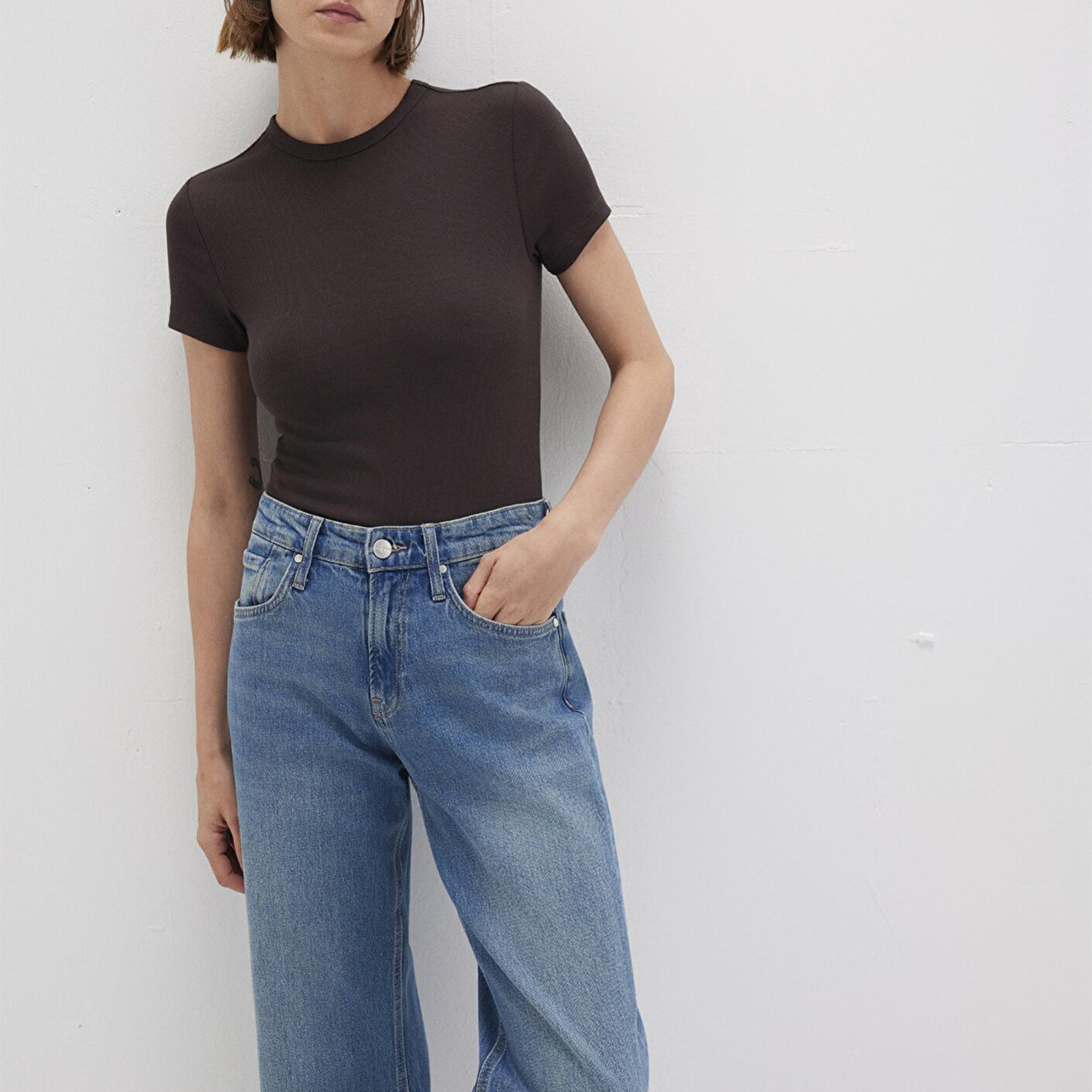 Mavi Kahverengi Basic Tişört Fitted / Vücuda Oturan Kesim 1613081-70240