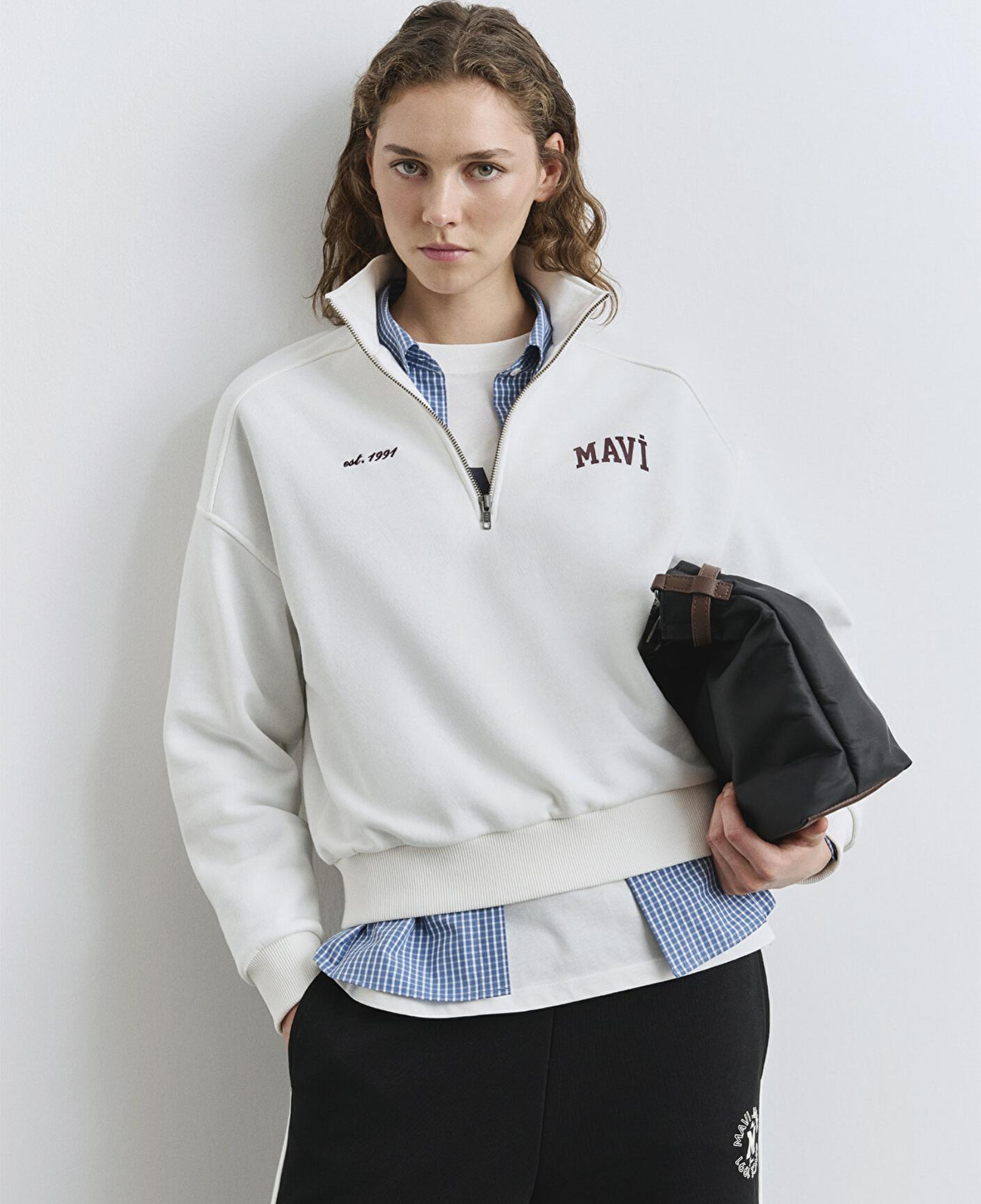 Mavi Mavi Logo Baskılı Yarı Fermuarlı Ekru Sweatshirt 1S10373-70057