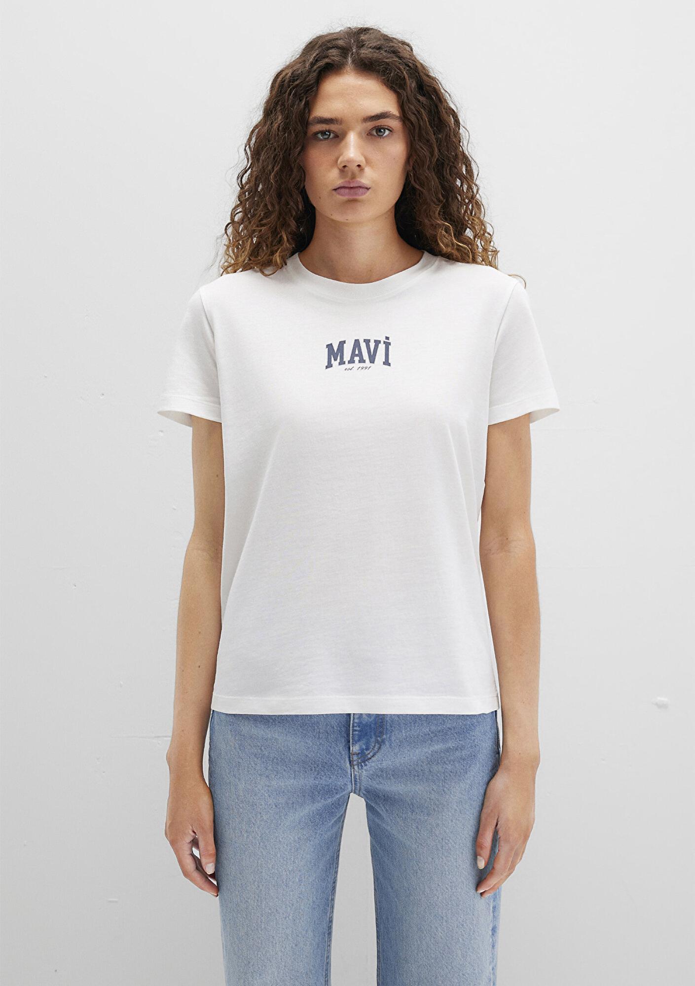 Mavi Mavi Logo Baskılı Ekru Tişört Regular Fit / Normal Kesim 1613412-70057