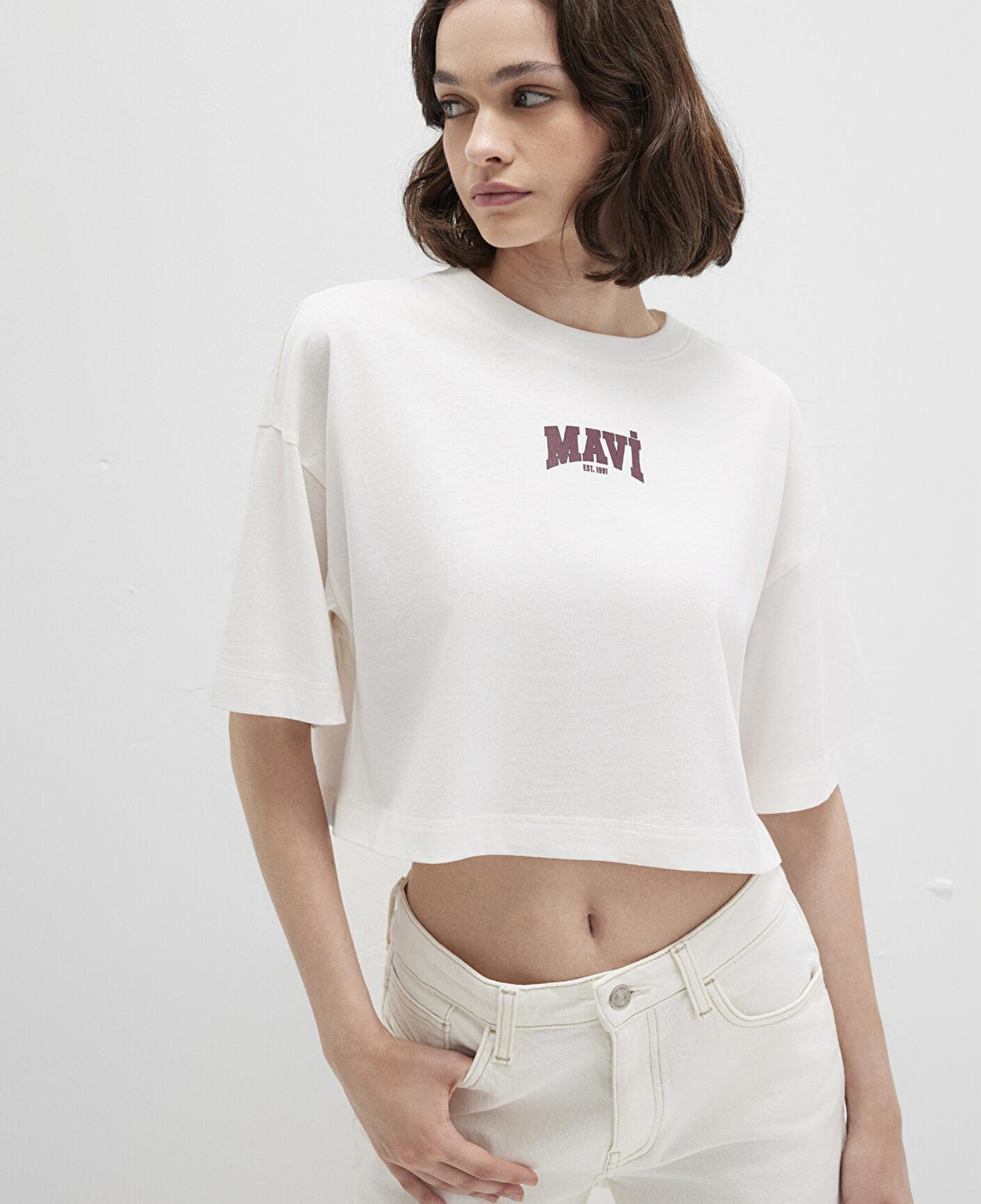 Mavi Mavi Logo Baskılı Ekru Crop Tişört Crop / Kısa Kesim 1613411-70057