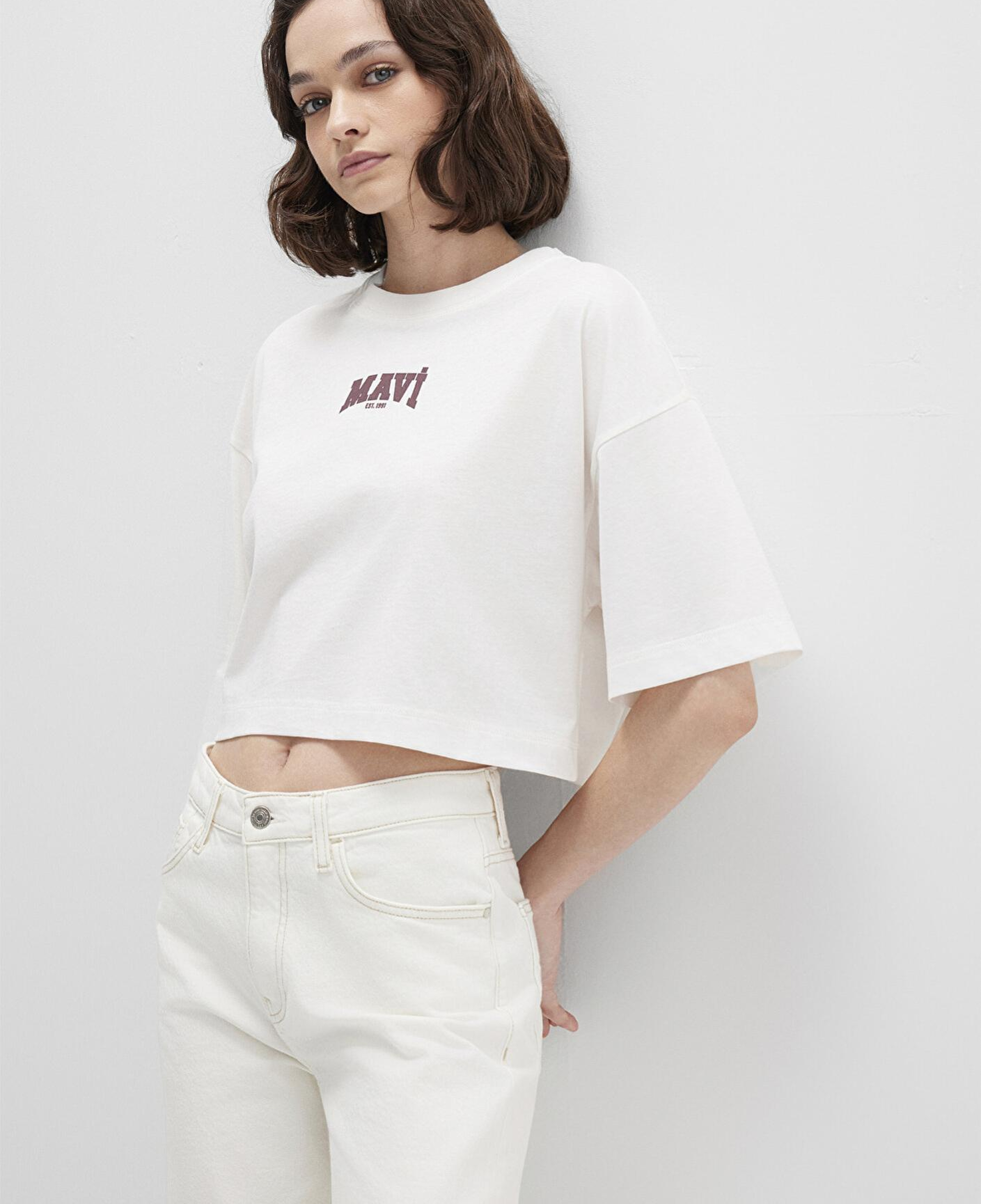 Mavi Mavi Logo Baskılı Ekru Crop Tişört Crop / Kısa Kesim 1613411-70057