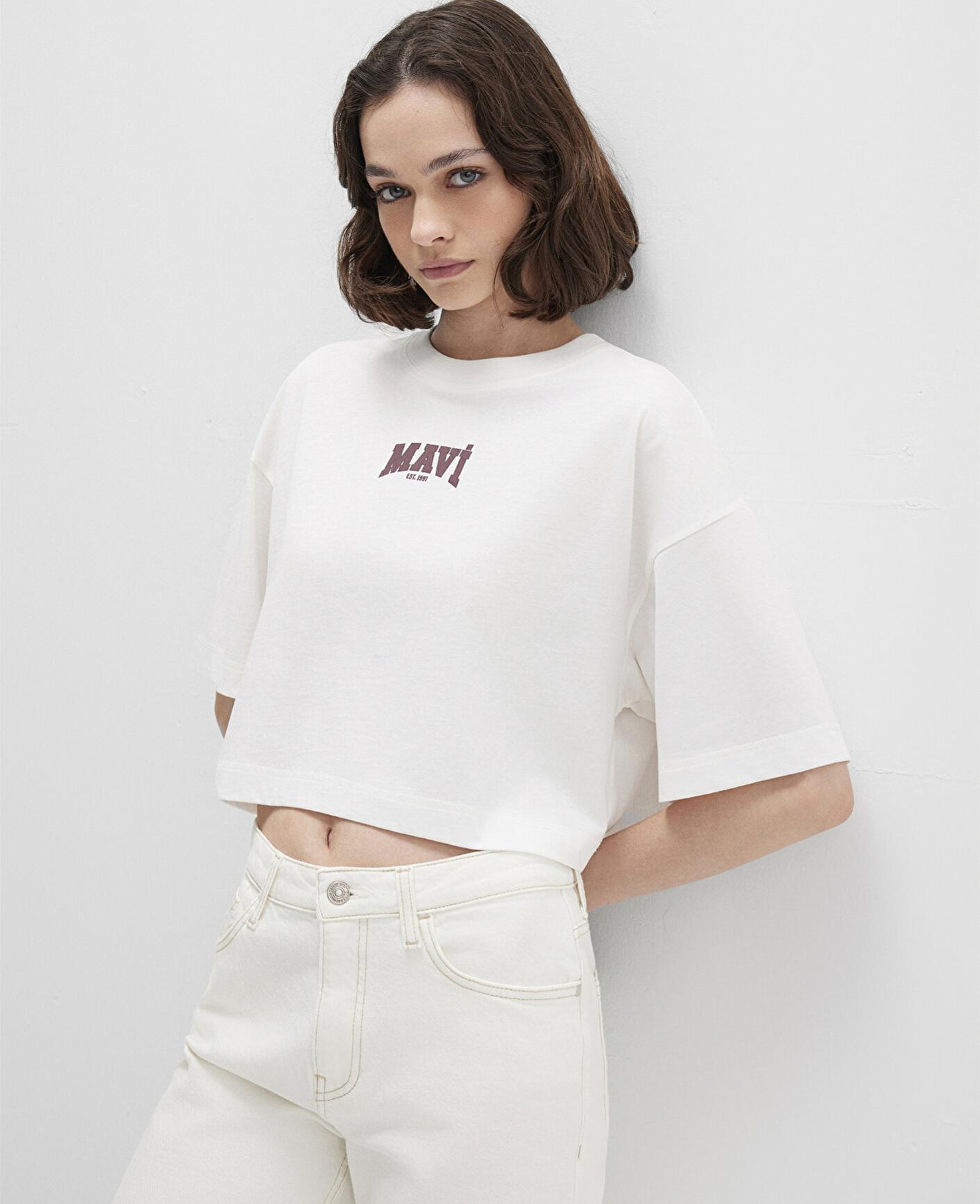 Mavi Mavi Logo Baskılı Ekru Crop Tişört Crop / Kısa Kesim 1613411-70057