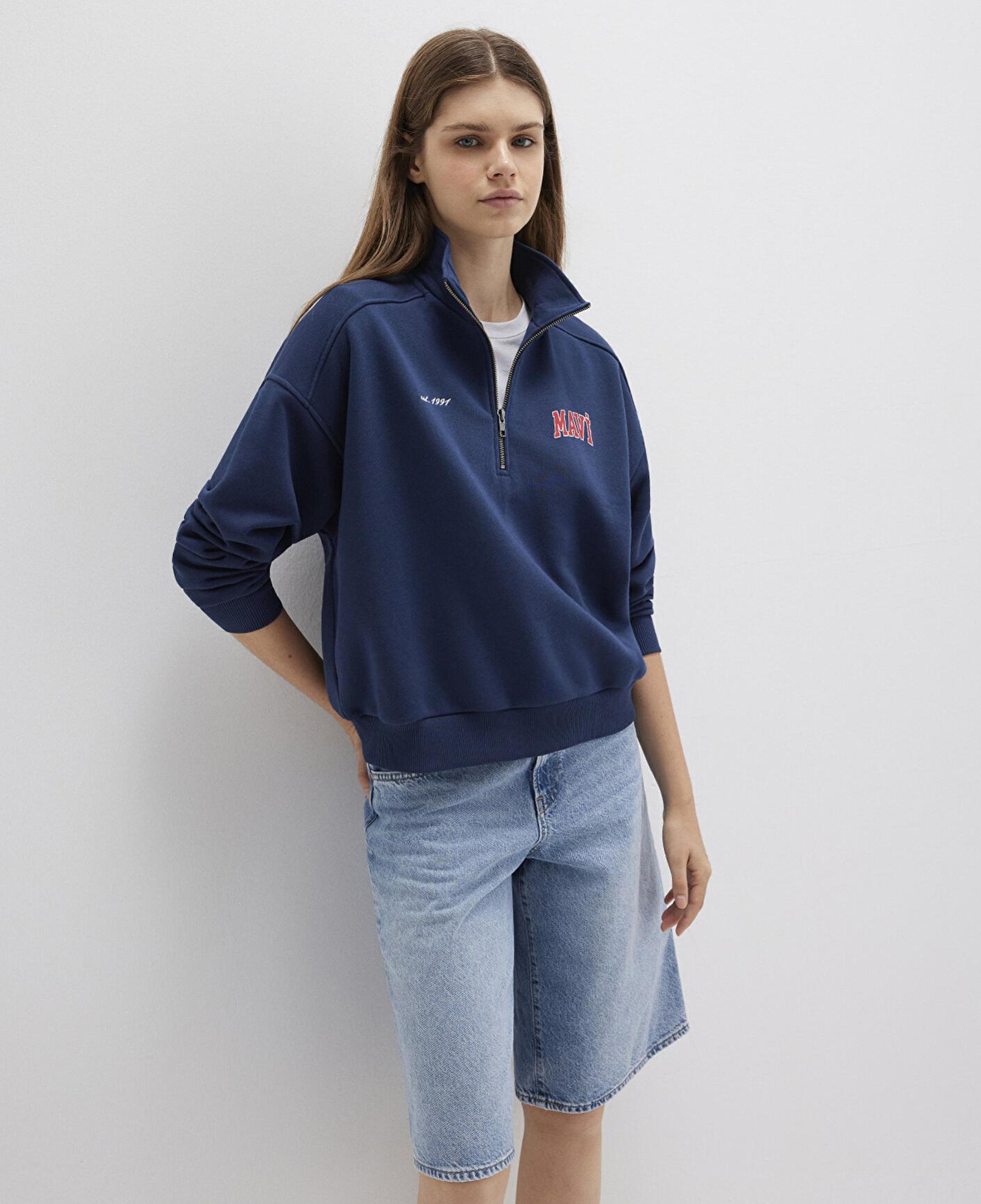 Mavi Mavi Logo Baskılı Yarı Fermuarlı Lacivert Sweatshirt 1S10373-70488