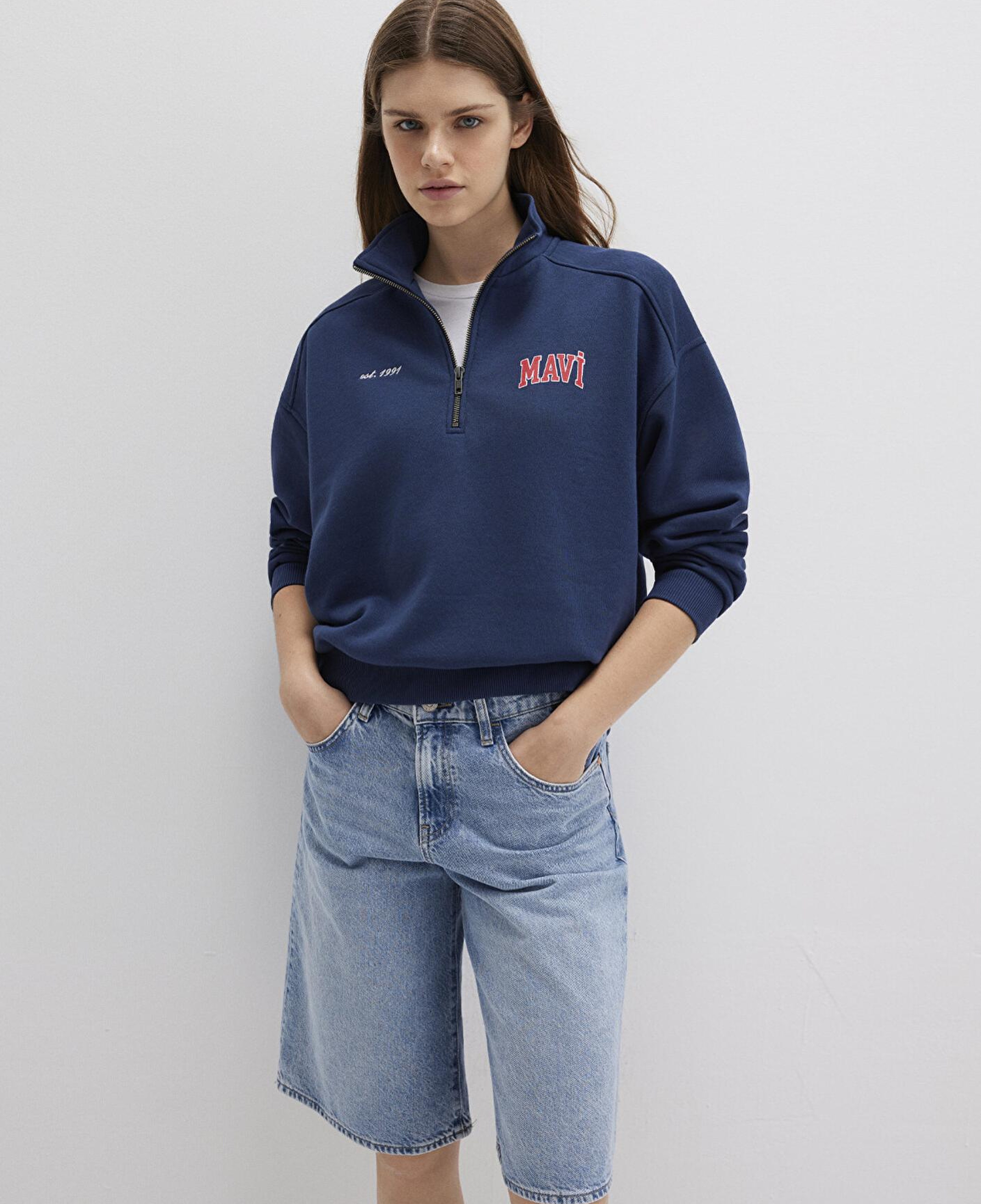 Mavi Mavi Logo Baskılı Yarı Fermuarlı Lacivert Sweatshirt 1S10373-70488