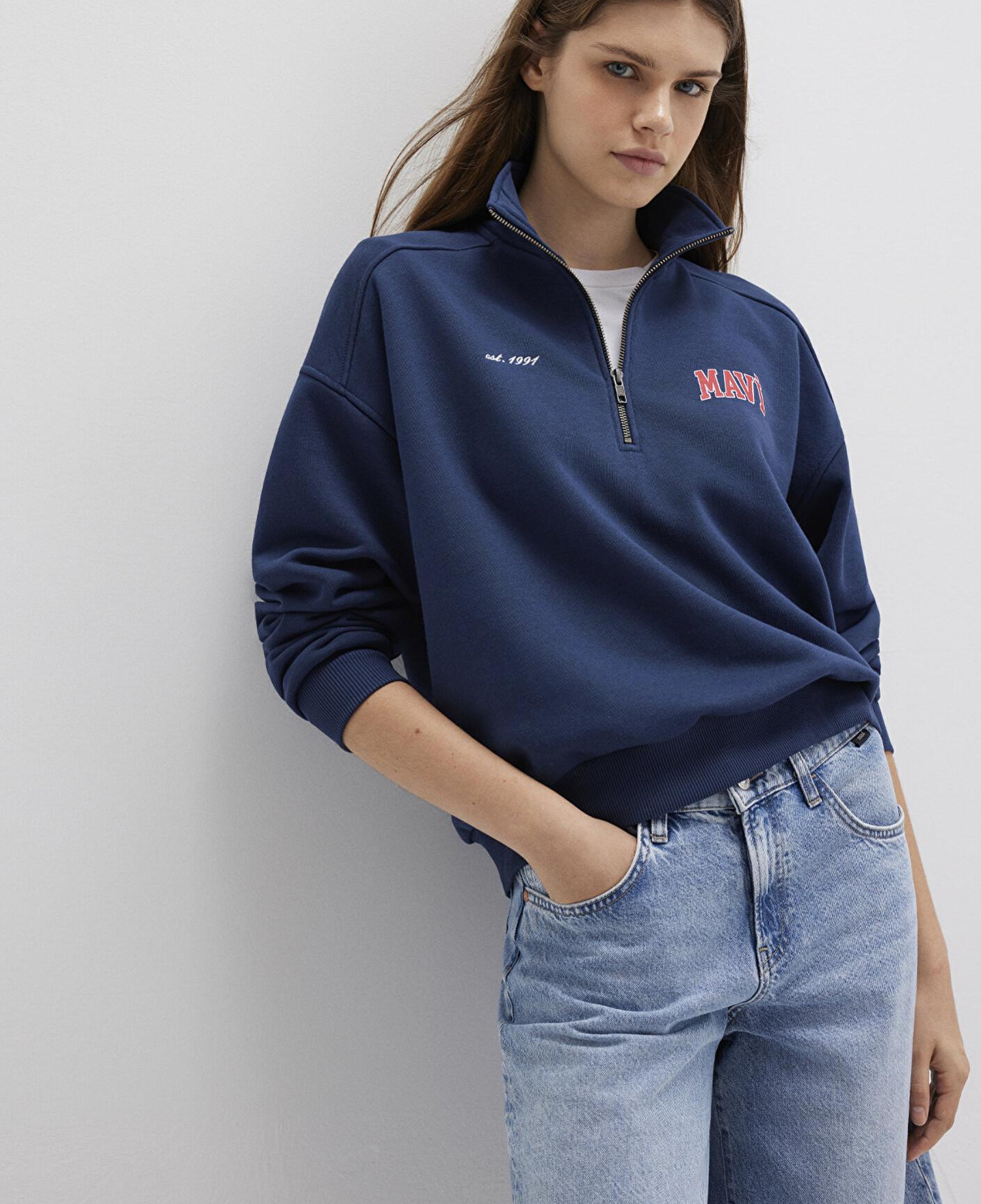 Mavi Mavi Logo Baskılı Yarı Fermuarlı Lacivert Sweatshirt 1S10373-70488
