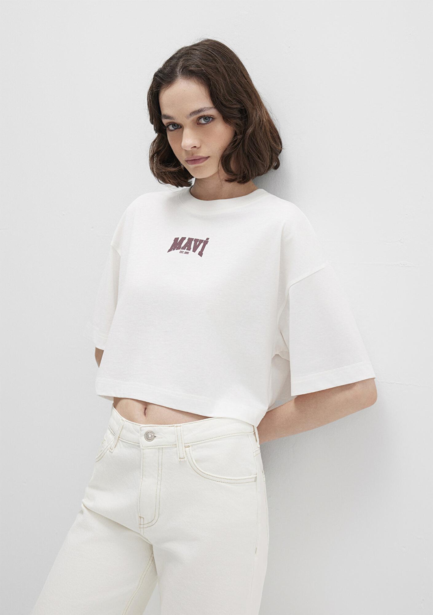 Mavi Mavi Logo Baskılı Ekru Crop Tişört Crop / Kısa Kesim 1613411-70057