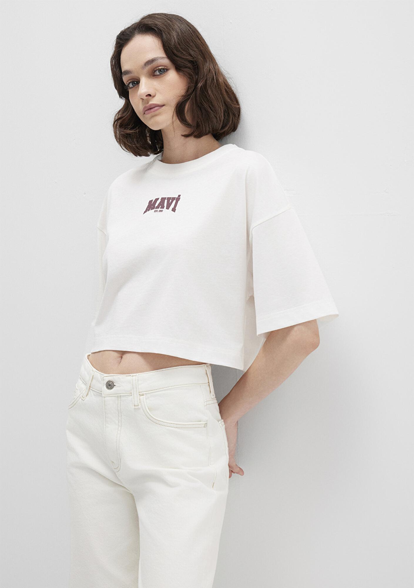 Mavi Mavi Logo Baskılı Ekru Crop Tişört Crop / Kısa Kesim 1613411-70057