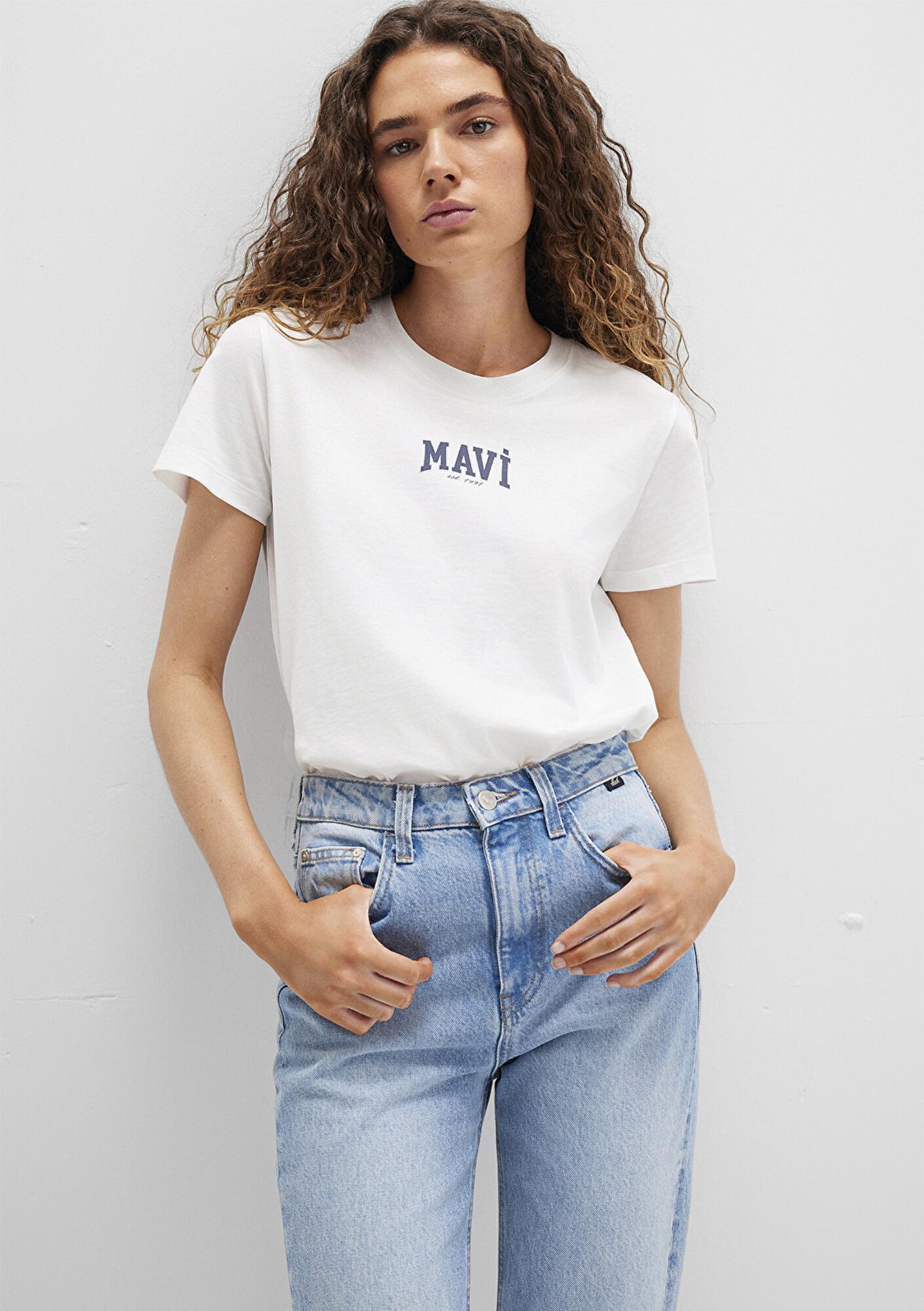 Mavi Mavi Logo Baskılı Ekru Tişört Regular Fit / Normal Kesim 1613412-70057