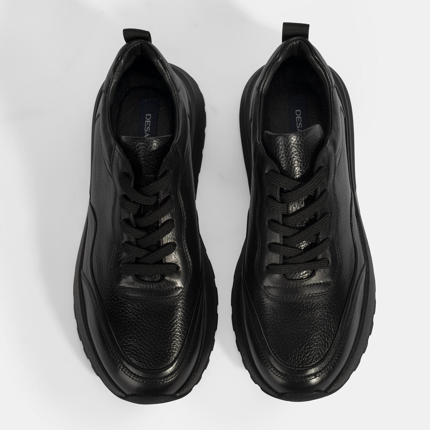 Erkek Siyah Bağcıklı Kalın Tabanlı Deri Sneaker