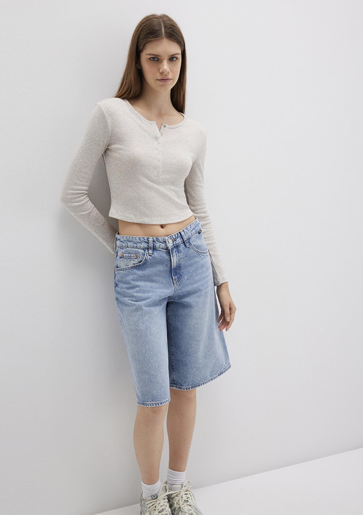 Mavi Uzun Kollu Crop Basic Tişört Crop / Kısa Kesim 1613403-80084