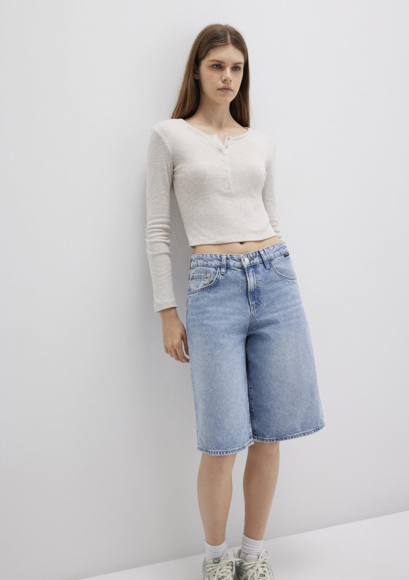 Mavi Uzun Kollu Crop Basic Tişört Crop / Kısa Kesim 1613403-80084