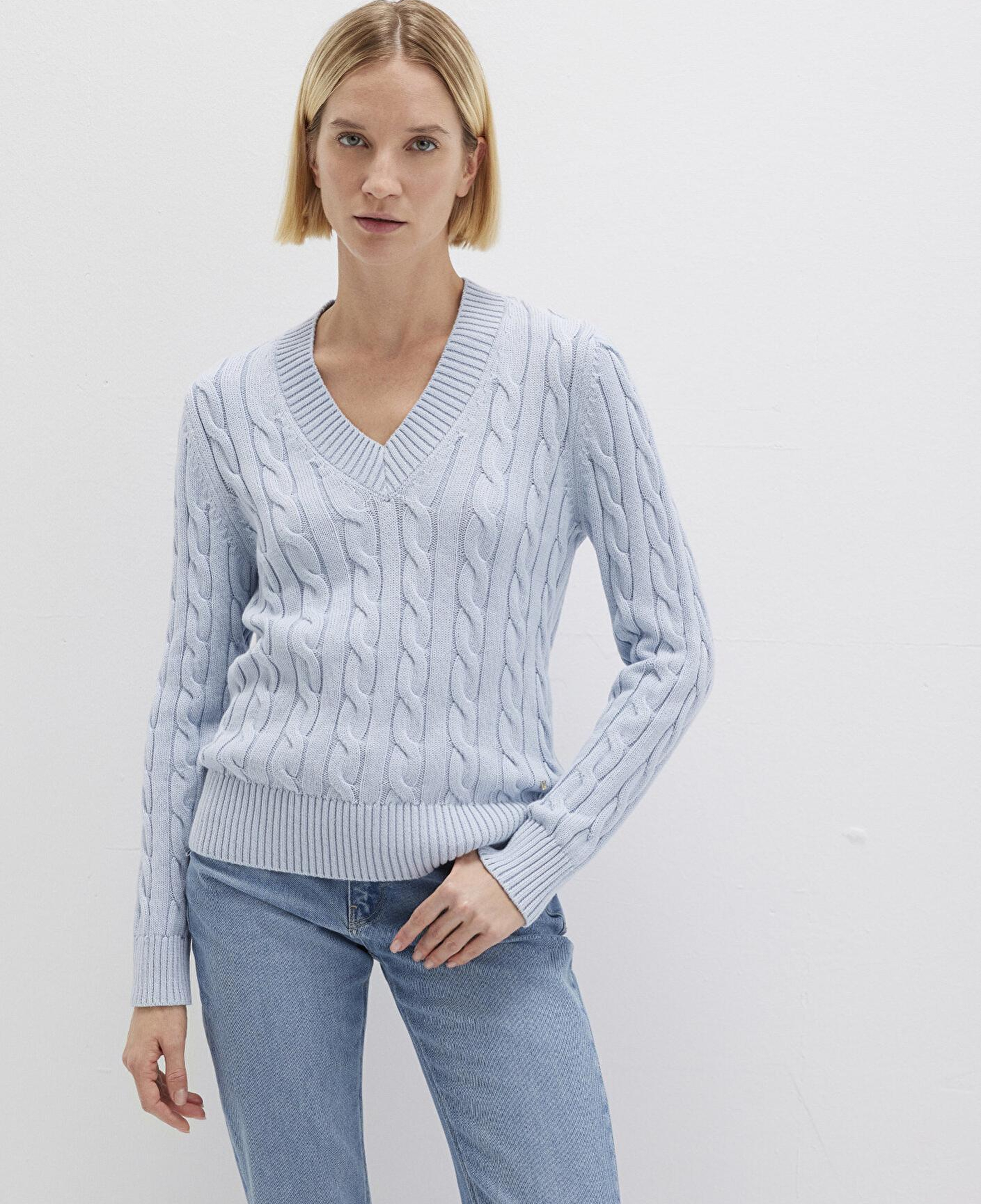 Mavi İpek Karışımlı V Yaka Mavi Kazak Slim Fit / Dar Kesim 1710720-70813