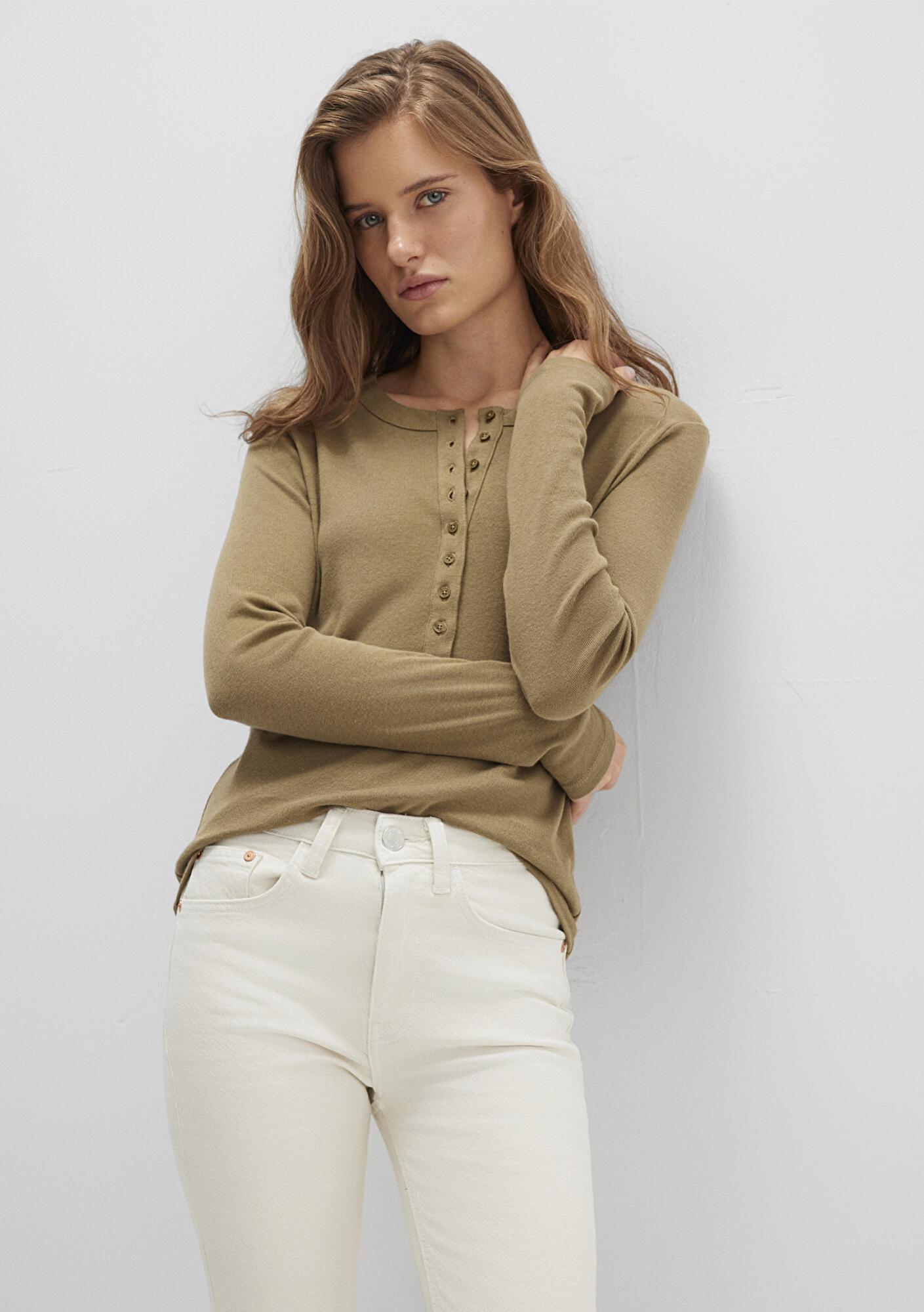 Mavi Düğme Detaylı Haki Tişört Slim Fit / Dar Kesim 1613401-71567