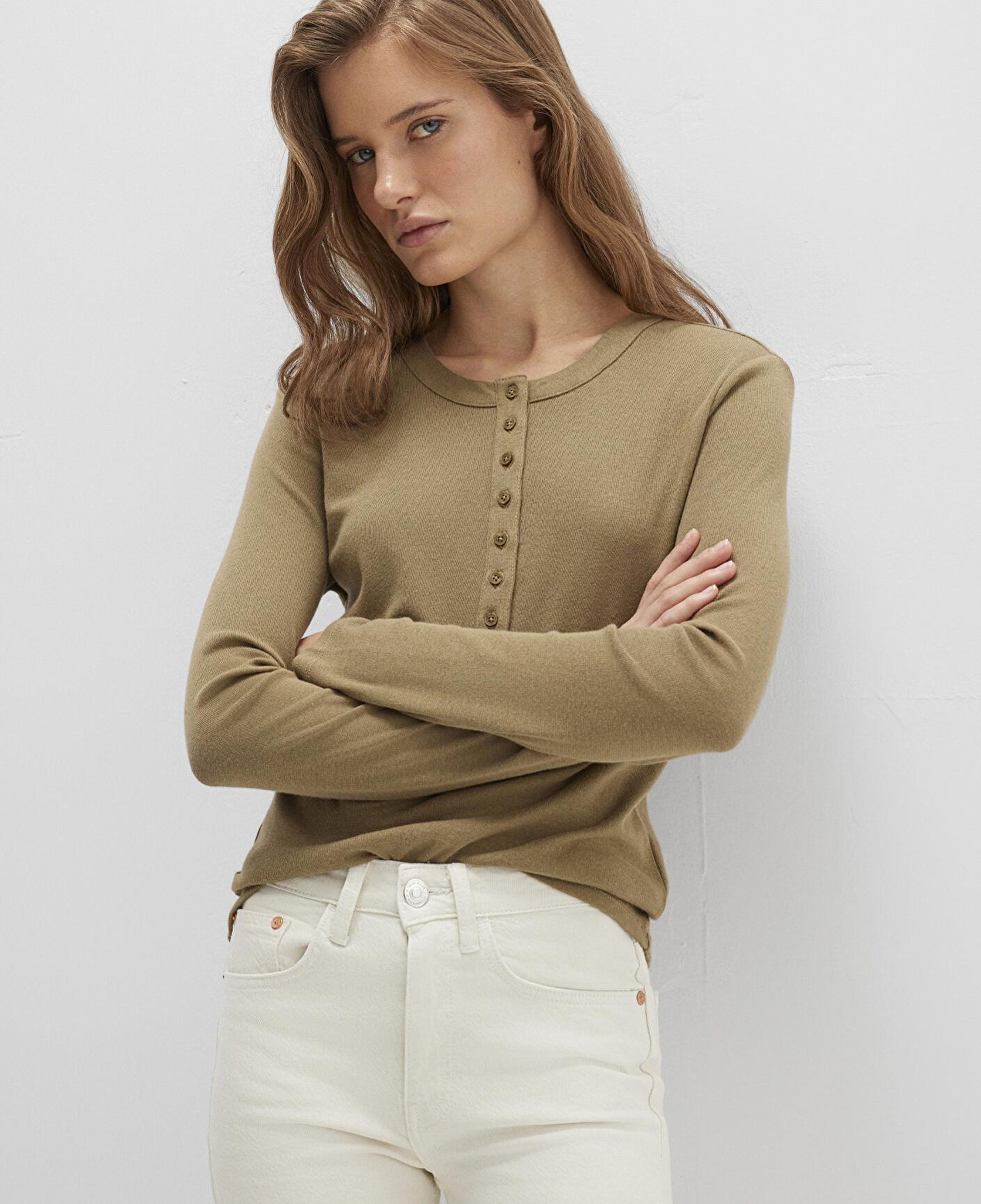 Mavi Düğme Detaylı Haki Tişört Slim Fit / Dar Kesim 1613401-71567