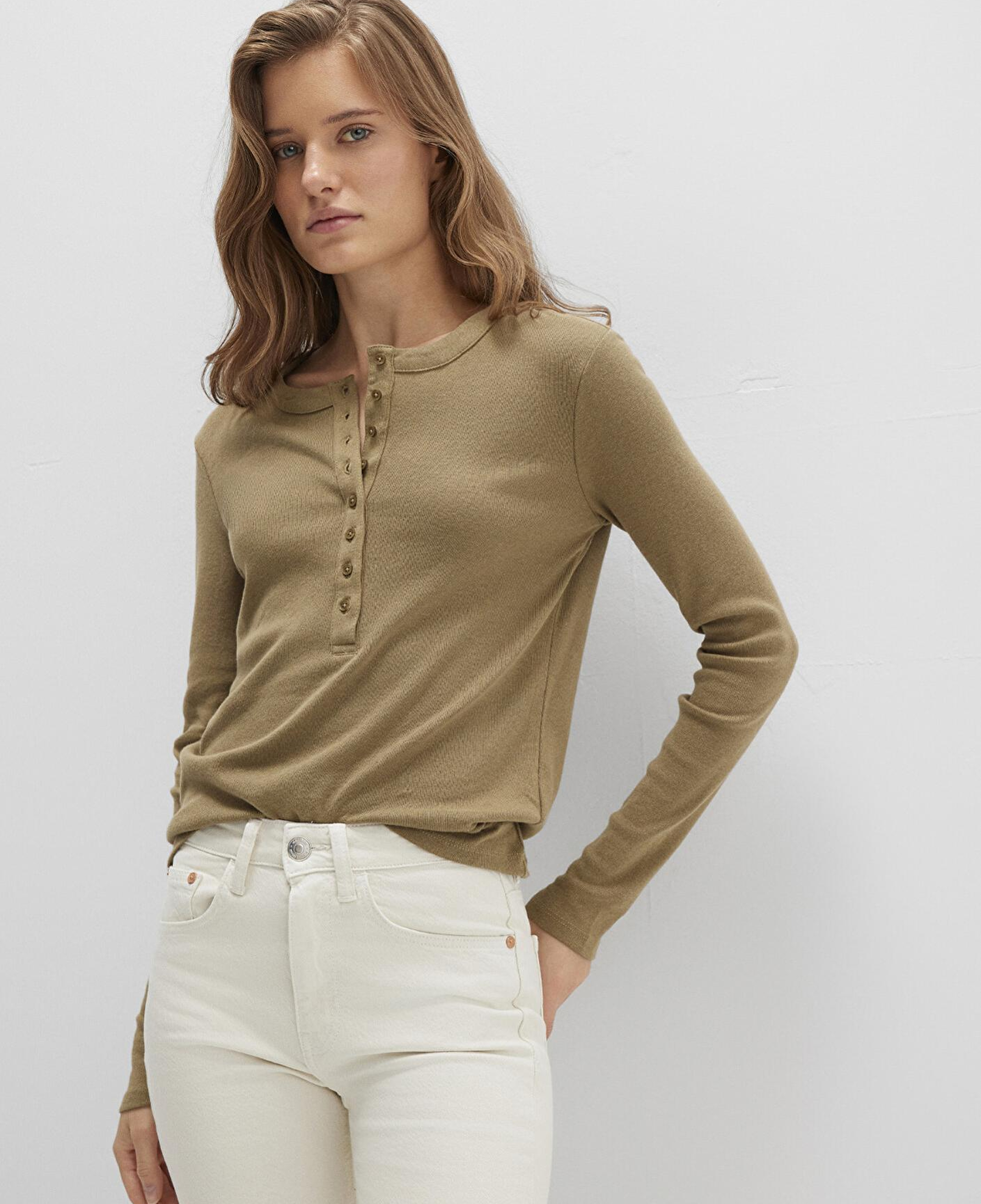 Mavi Düğme Detaylı Haki Tişört Slim Fit / Dar Kesim 1613401-71567