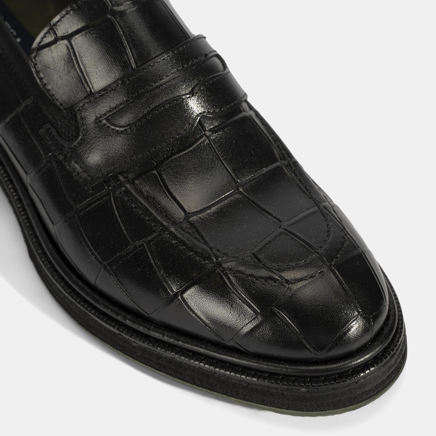 Erkek Siyah Kroko Baskılı Deri Loafer