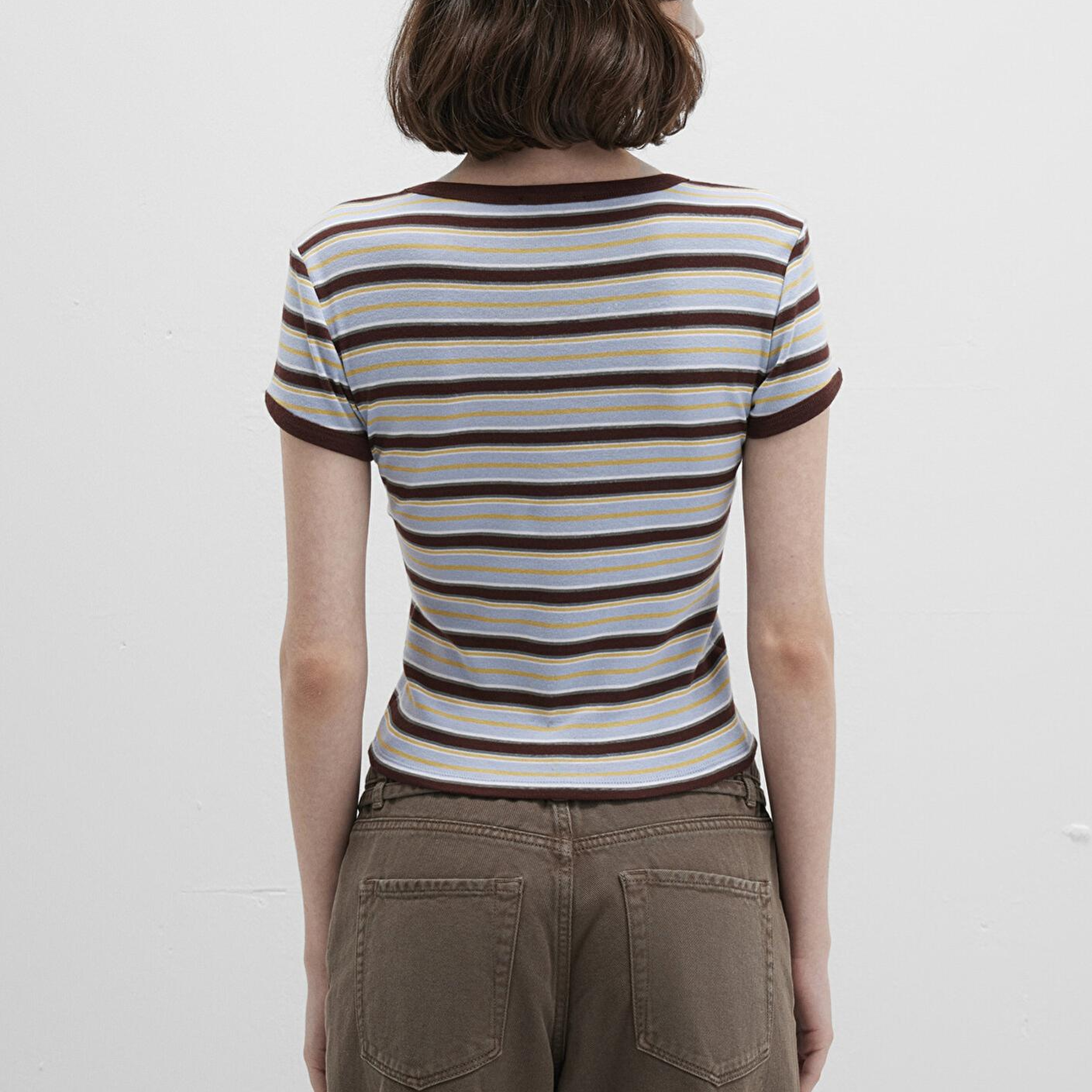 Mavi Kahverengi Çizgili Tişört Fitted / Vücuda Oturan Kesim 1613378-90735