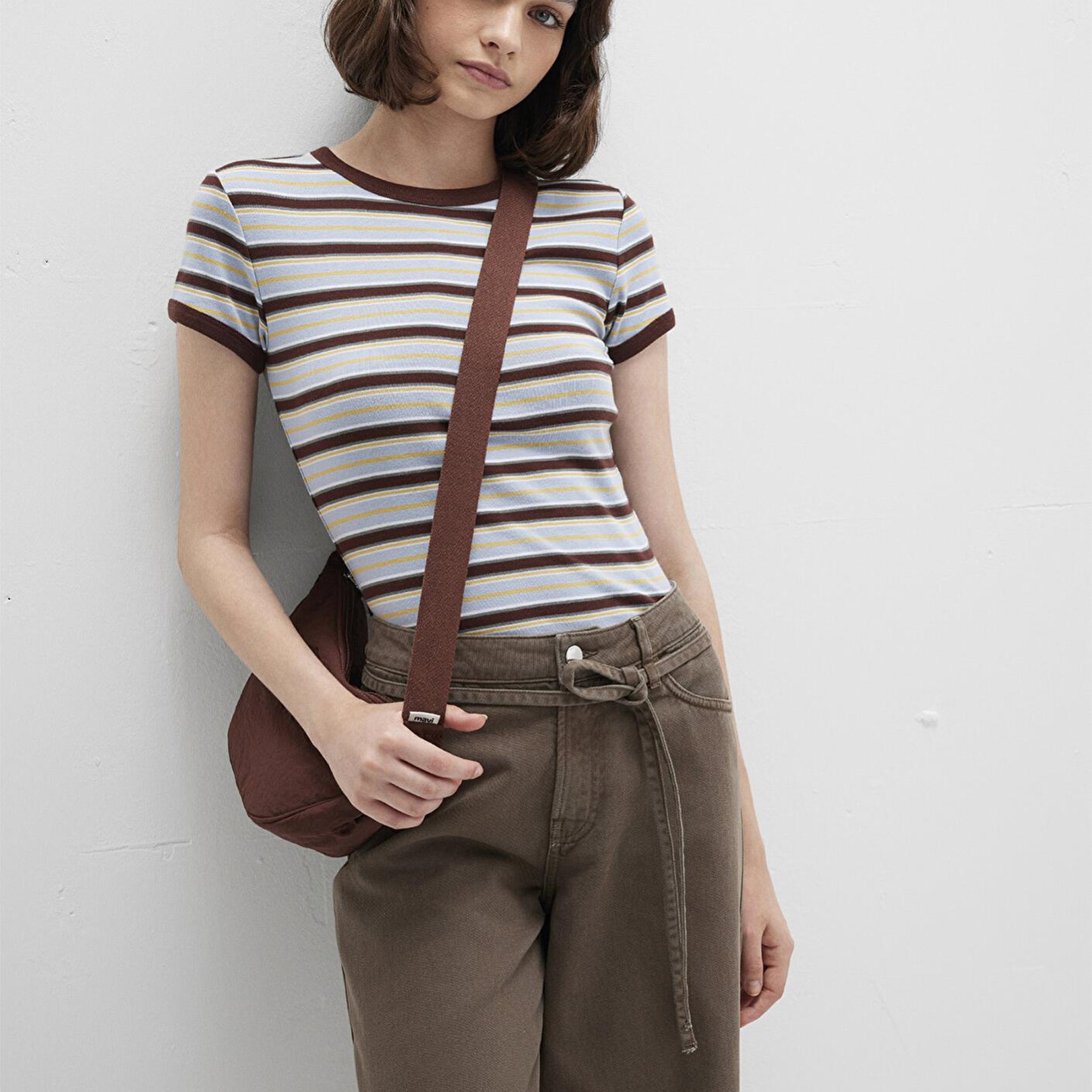 Mavi Kahverengi Çizgili Tişört Fitted / Vücuda Oturan Kesim 1613378-90735