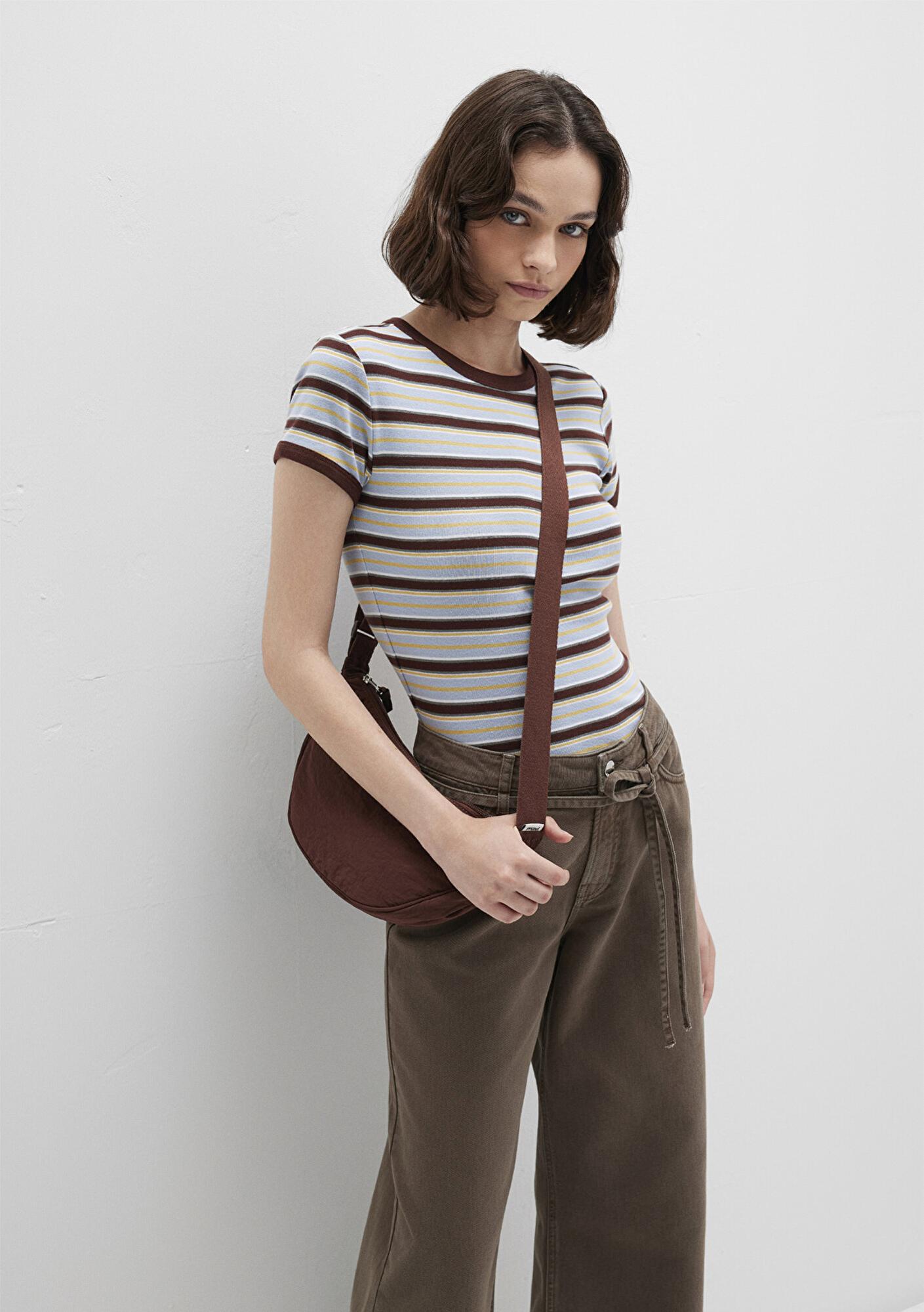 Mavi Kahverengi Çizgili Tişört Fitted / Vücuda Oturan Kesim 1613378-90735