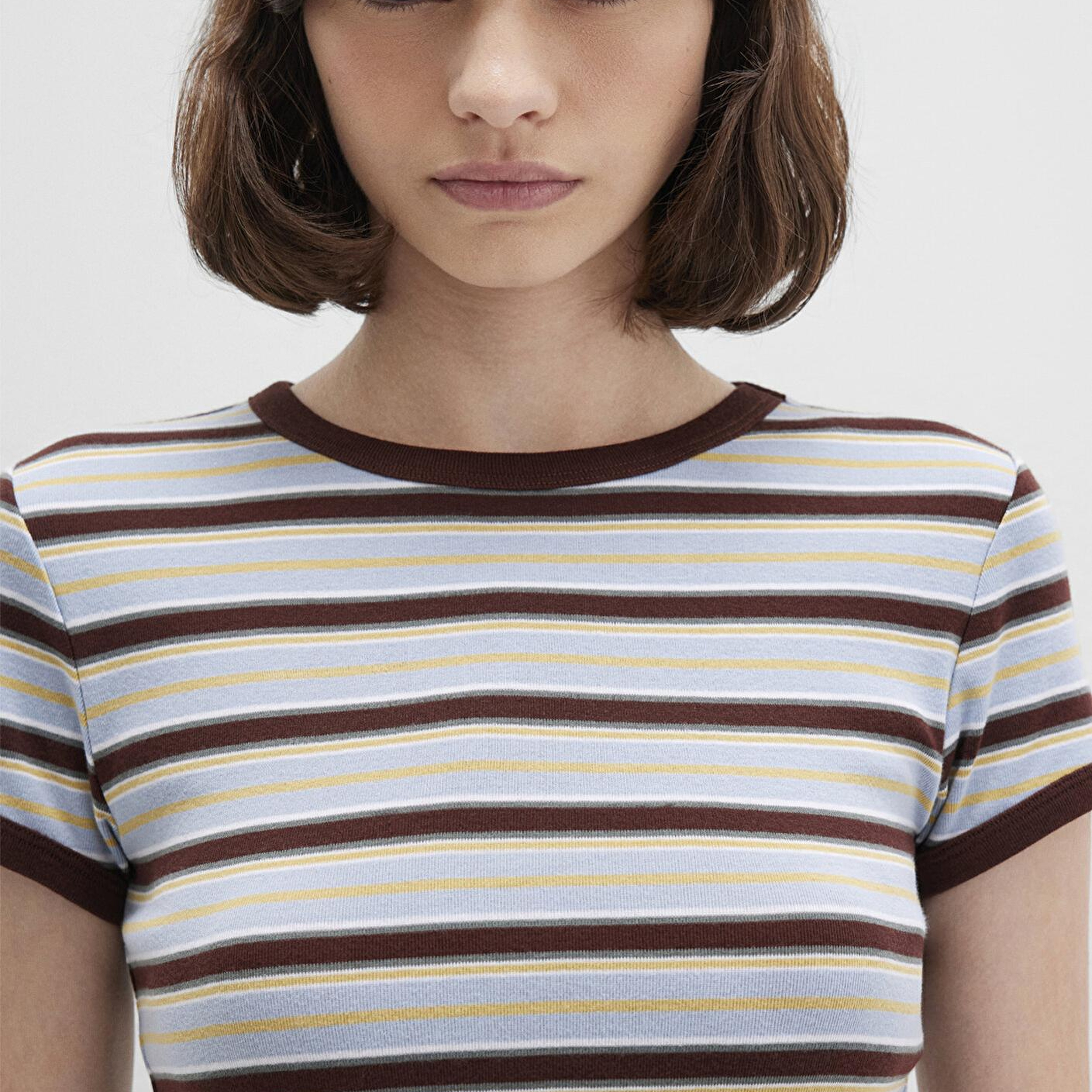 Mavi Kahverengi Çizgili Tişört Fitted / Vücuda Oturan Kesim 1613378-90735