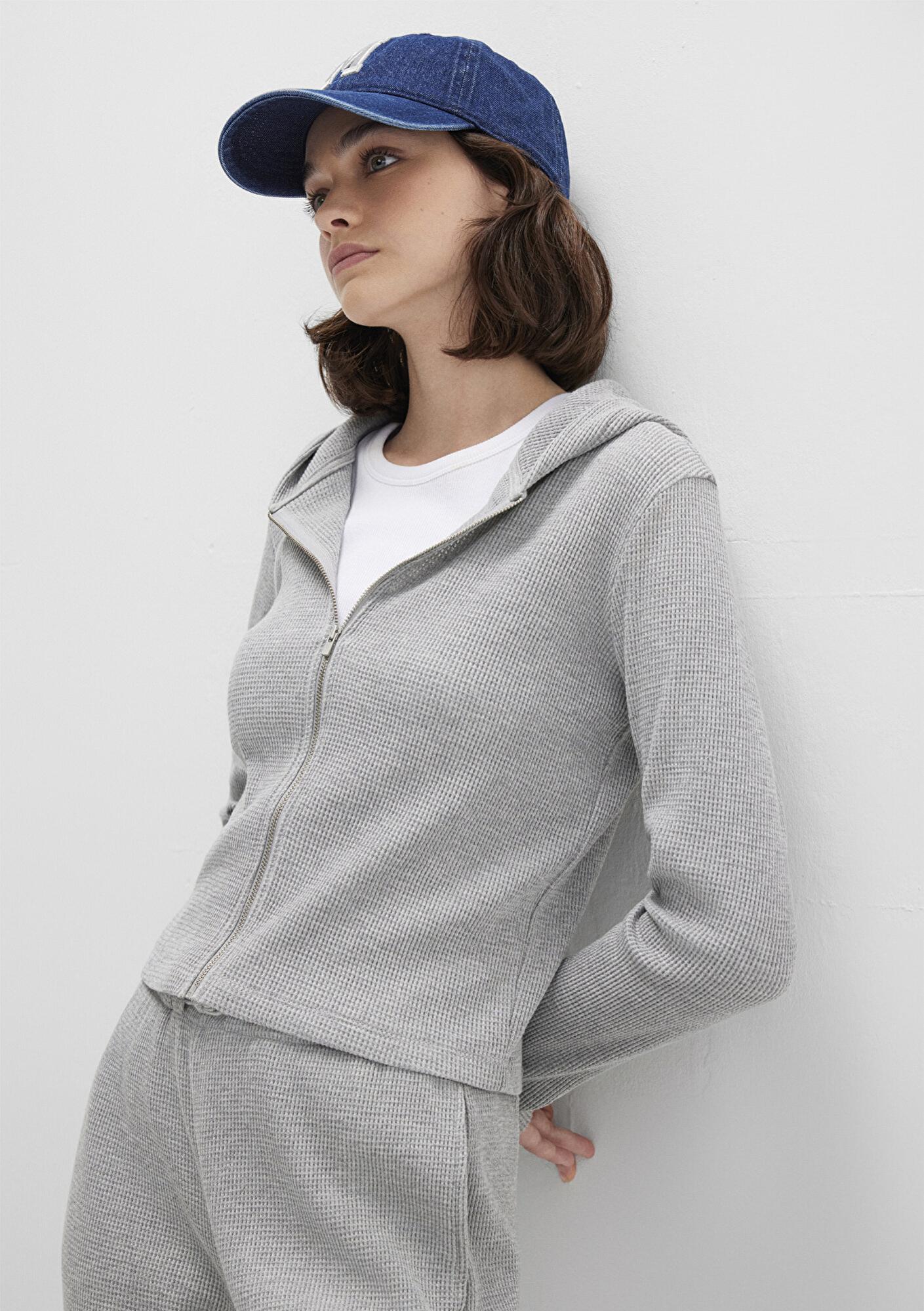 Mavi Fermuarlı Dokulu Gri Sweatshirt 1613383-80018