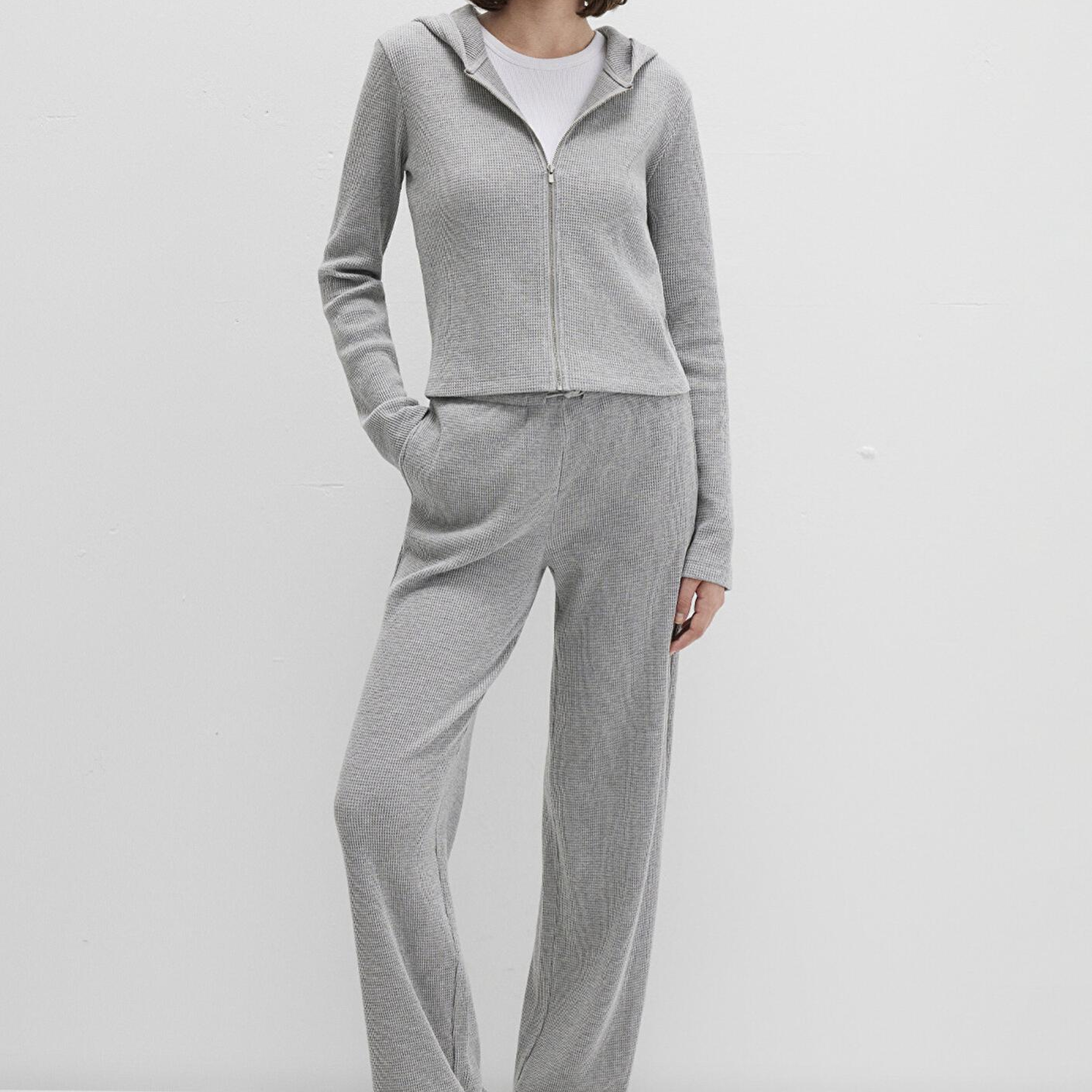 Mavi Fermuarlı Dokulu Gri Sweatshirt 1613383-80018