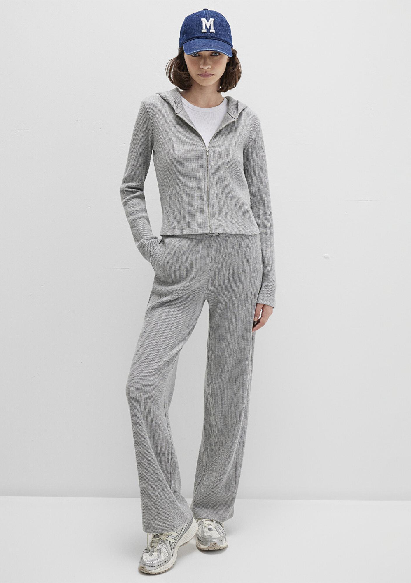 Mavi Fermuarlı Dokulu Gri Sweatshirt 1613383-80018