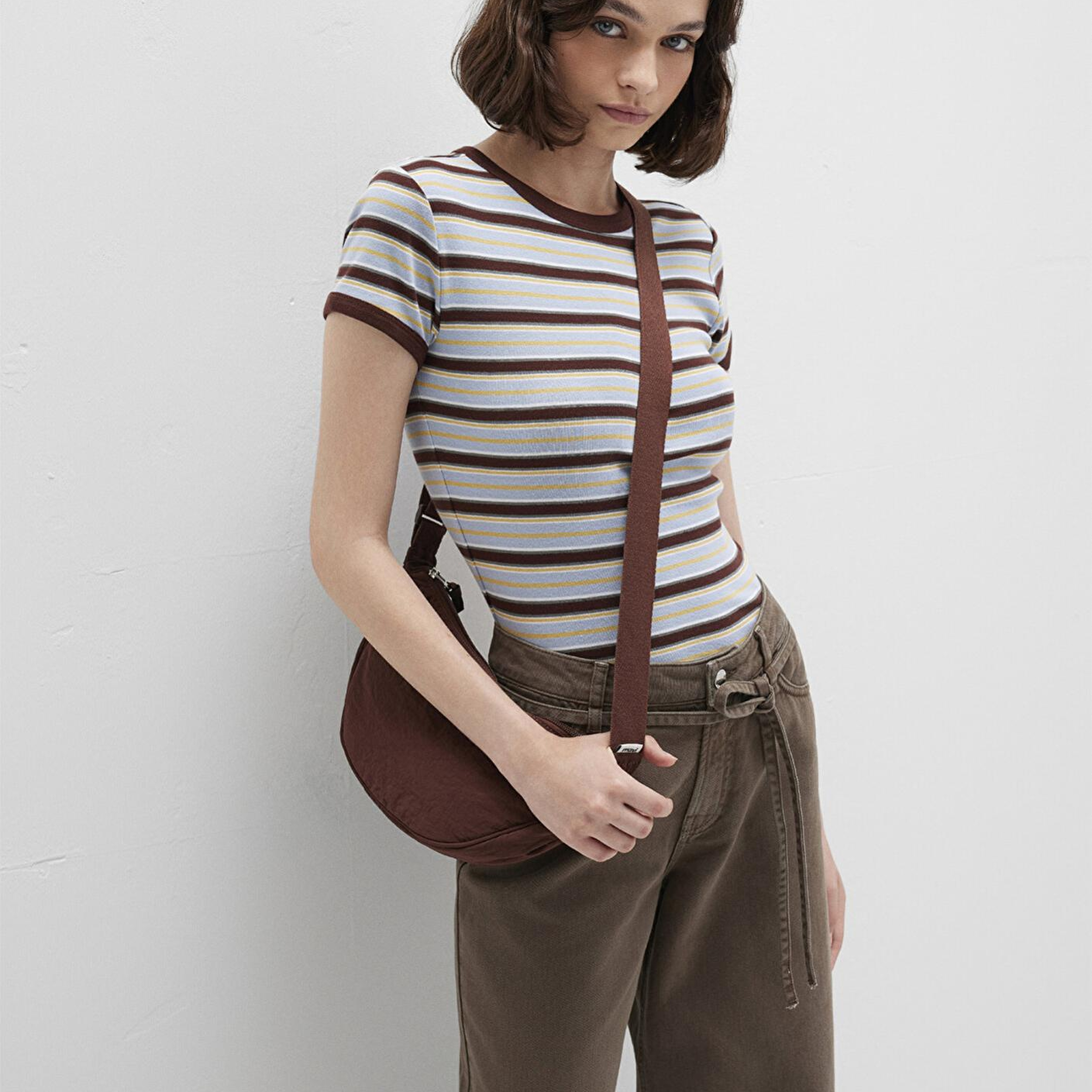 Mavi Kahverengi Çizgili Tişört Fitted / Vücuda Oturan Kesim 1613378-90735
