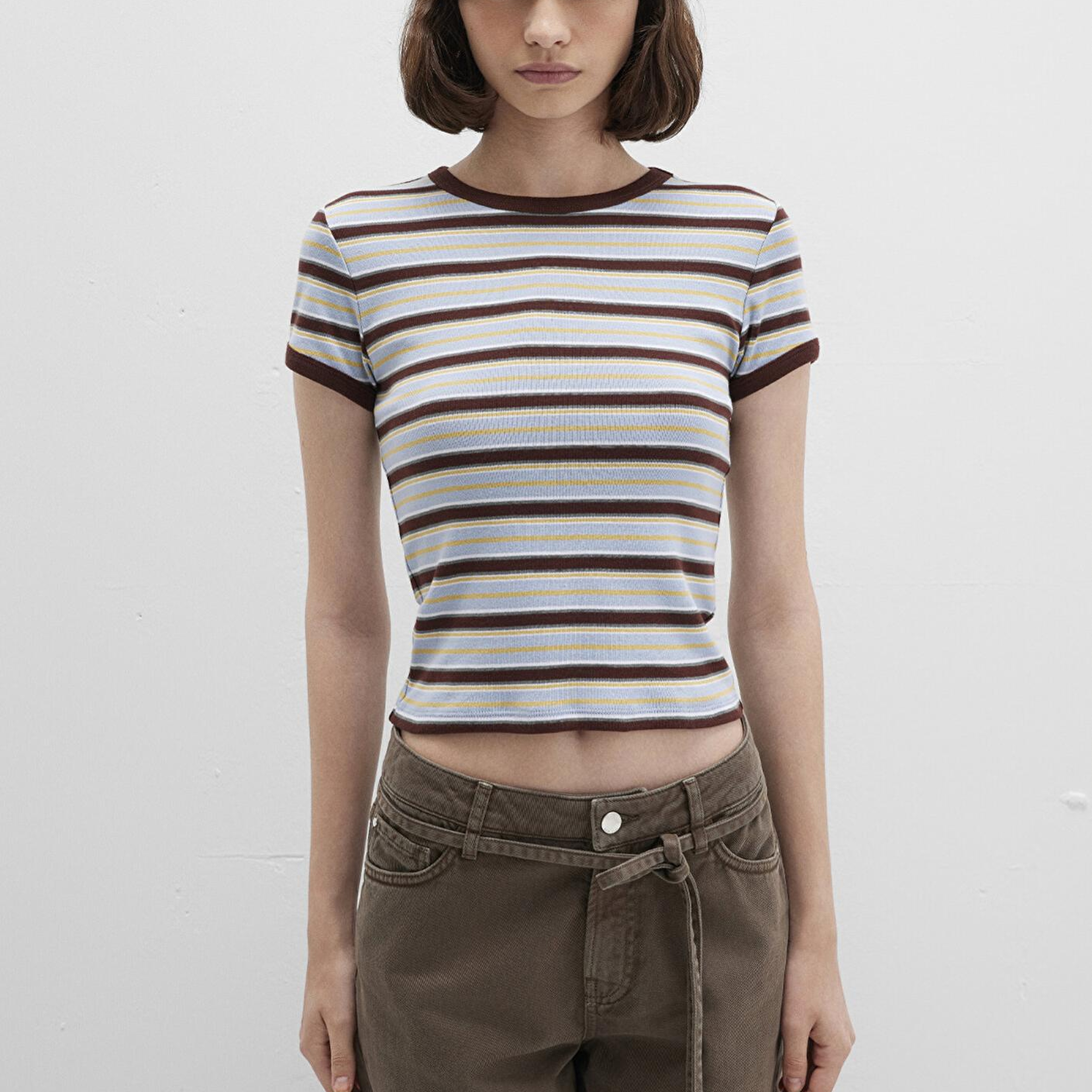 Mavi Kahverengi Çizgili Tişört Fitted / Vücuda Oturan Kesim 1613378-90735