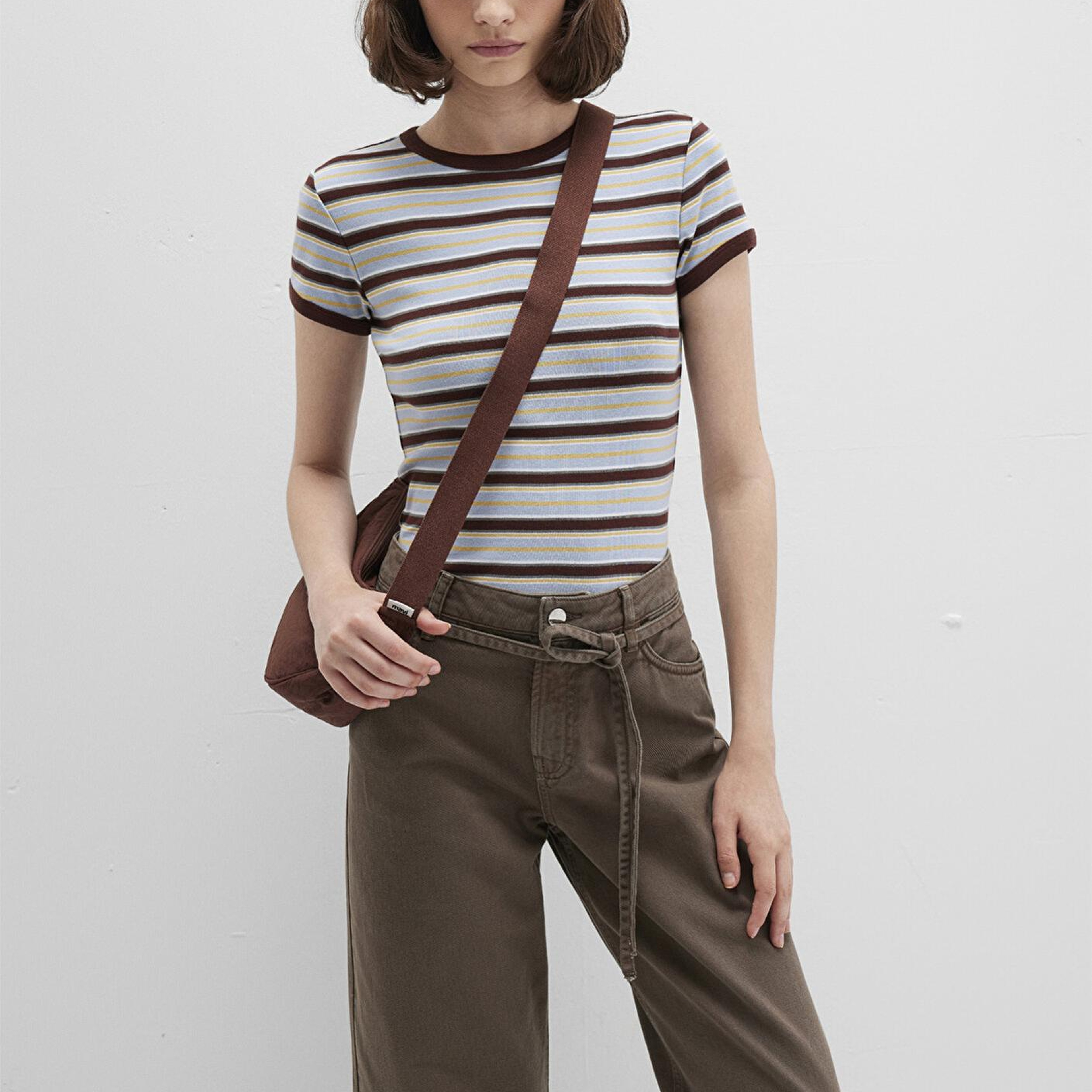 Mavi Kahverengi Çizgili Tişört Fitted / Vücuda Oturan Kesim 1613378-90735