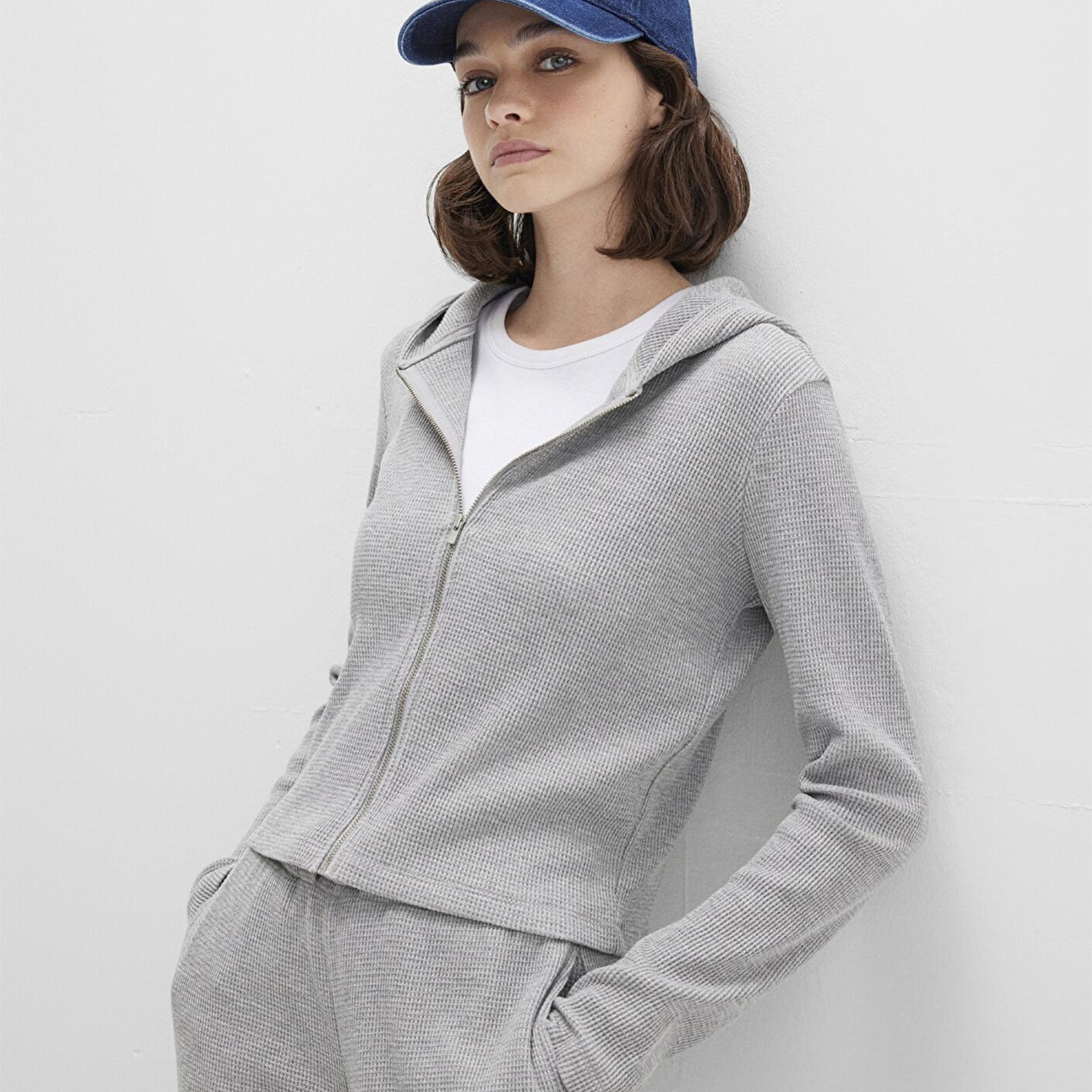 Mavi Fermuarlı Dokulu Gri Sweatshirt 1613383-80018