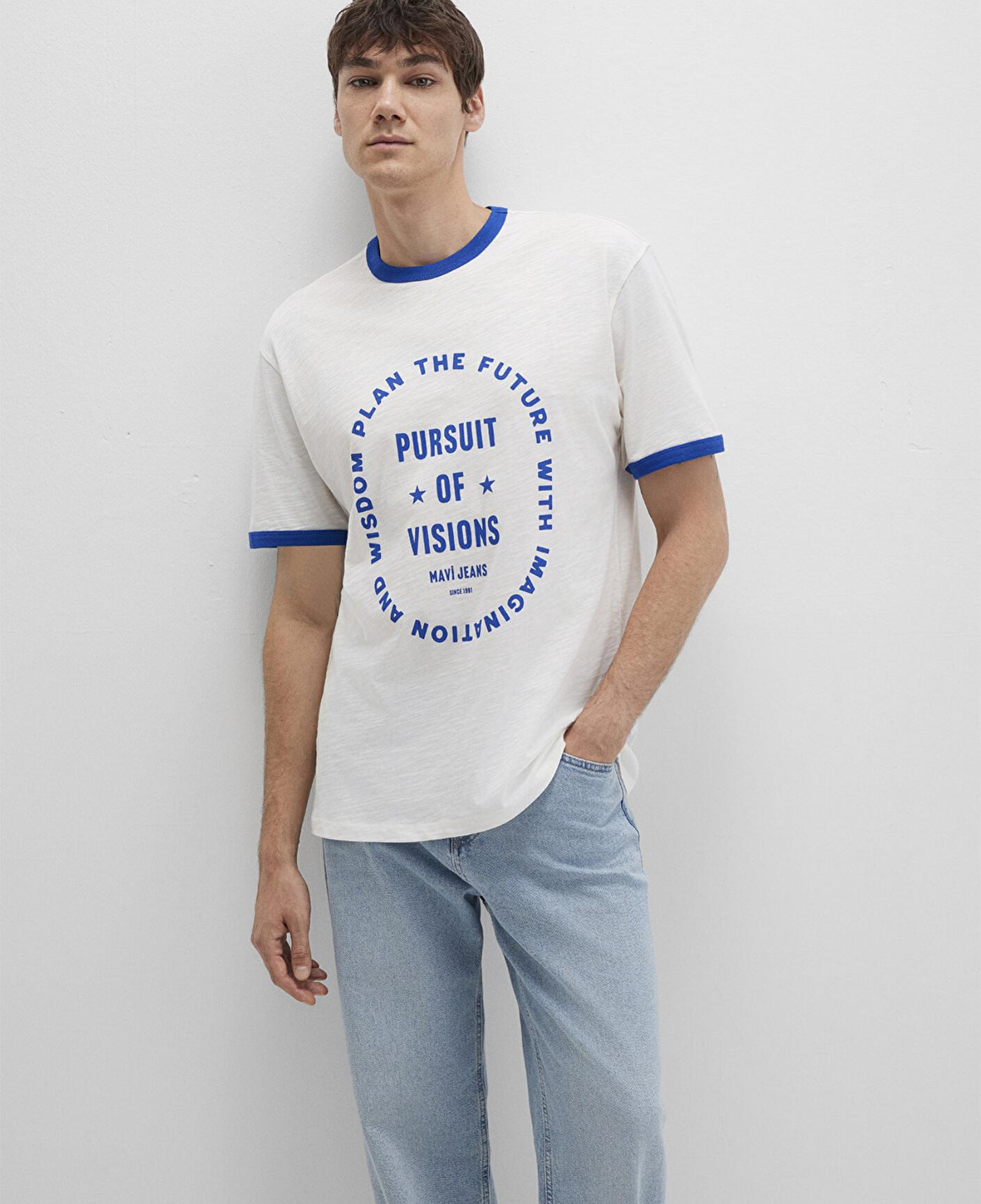 Mavi Biye Detaylı Beyaz Tişört Loose Fit / Bol Rahat Kesim 0612954-70057