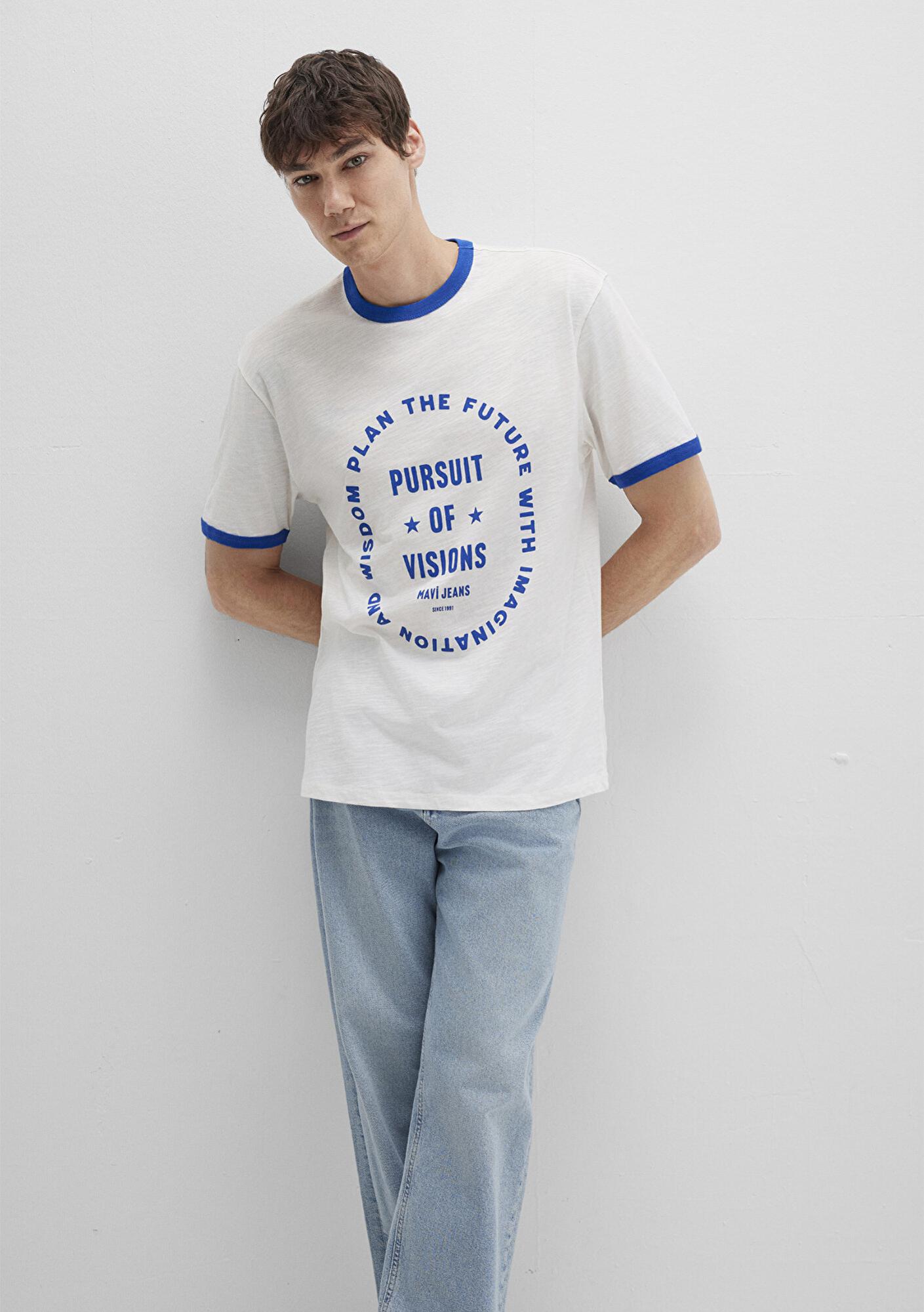 Mavi Biye Detaylı Beyaz Tişört Loose Fit / Bol Rahat Kesim 0612954-70057