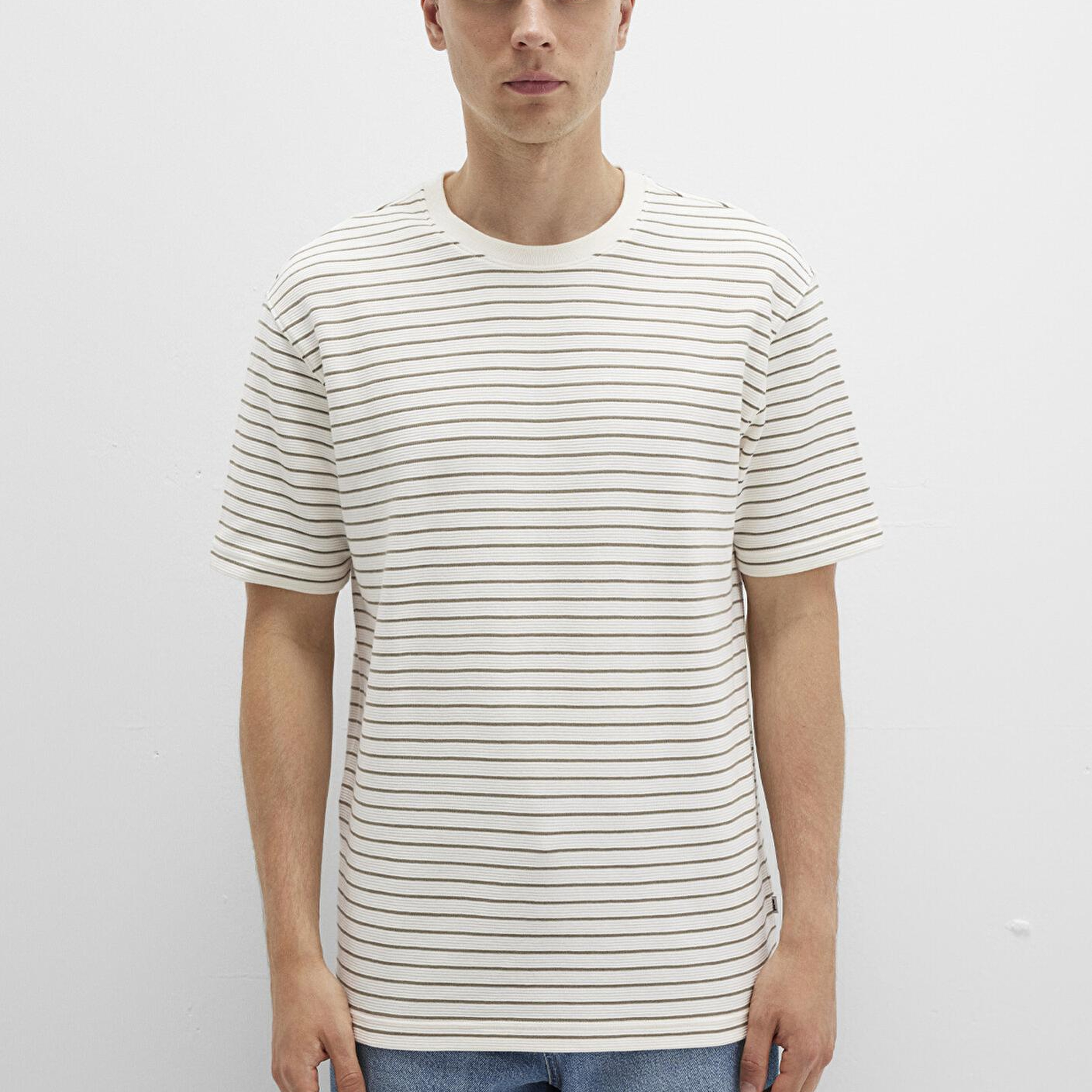 Mavi Kahverengi Çizgili Ekru Tişört Loose Fit / Bol Rahat Kesim 0612831-71816