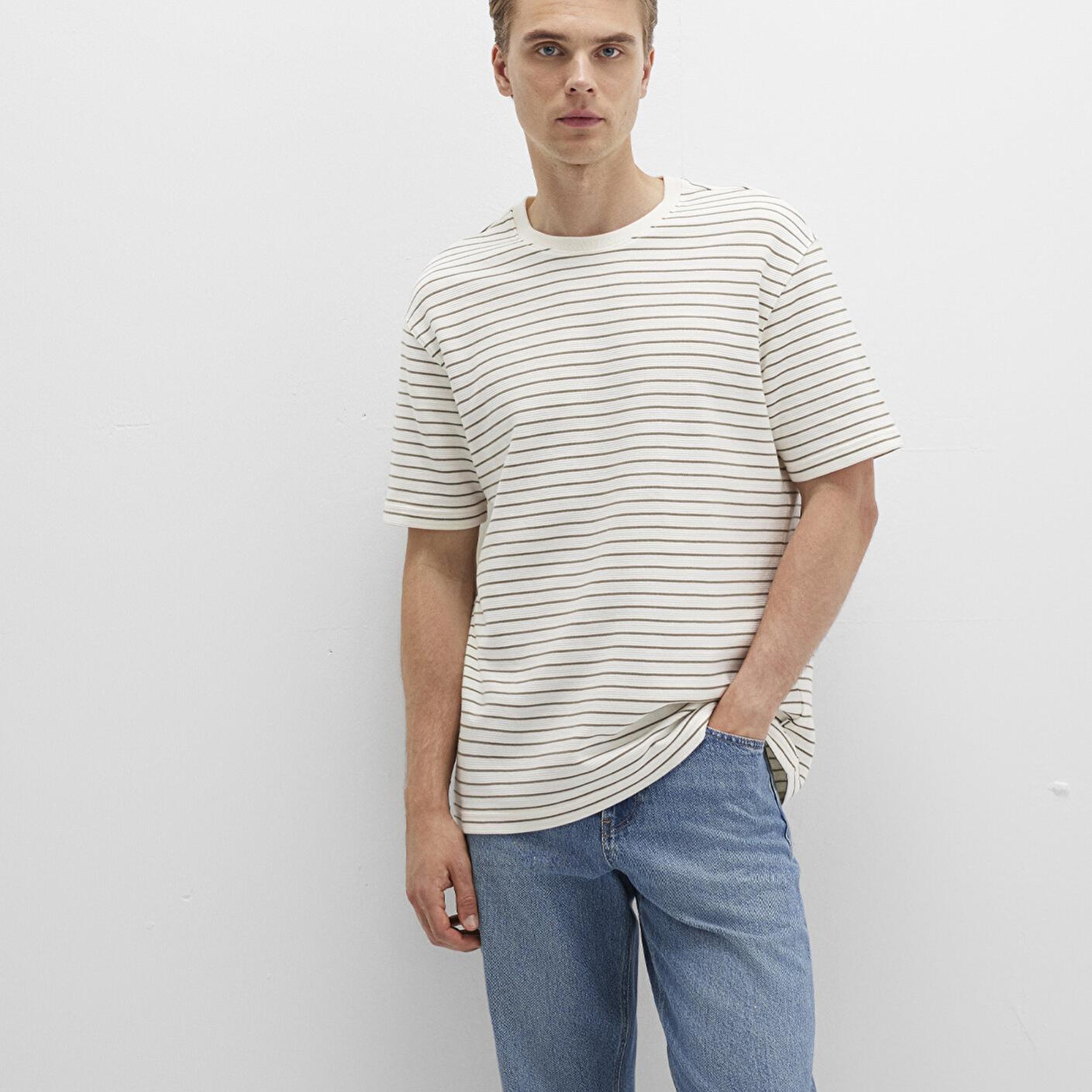 Mavi Kahverengi Çizgili Ekru Tişört Loose Fit / Bol Rahat Kesim 0612831-71816