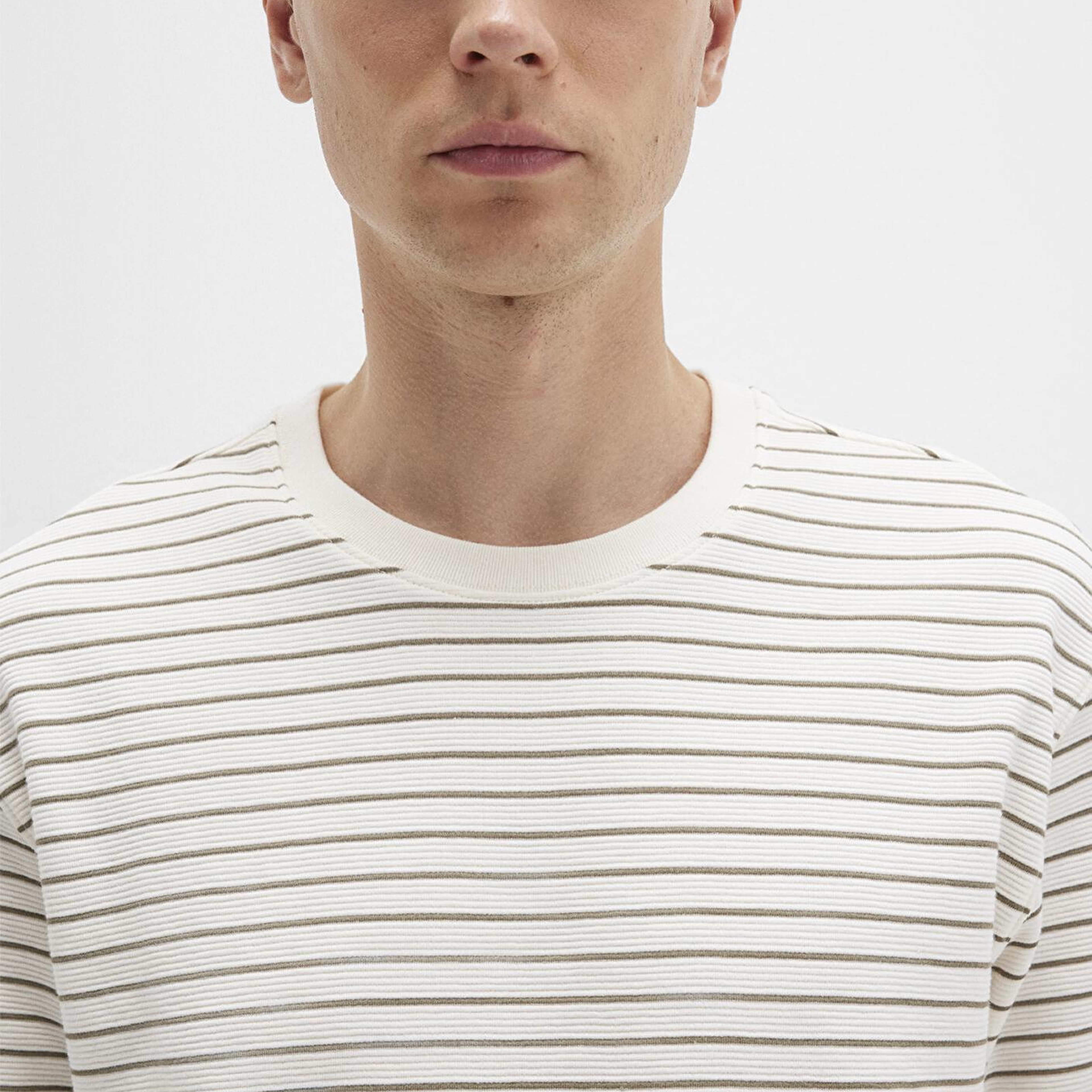 Mavi Kahverengi Çizgili Ekru Tişört Loose Fit / Bol Rahat Kesim 0612831-71816