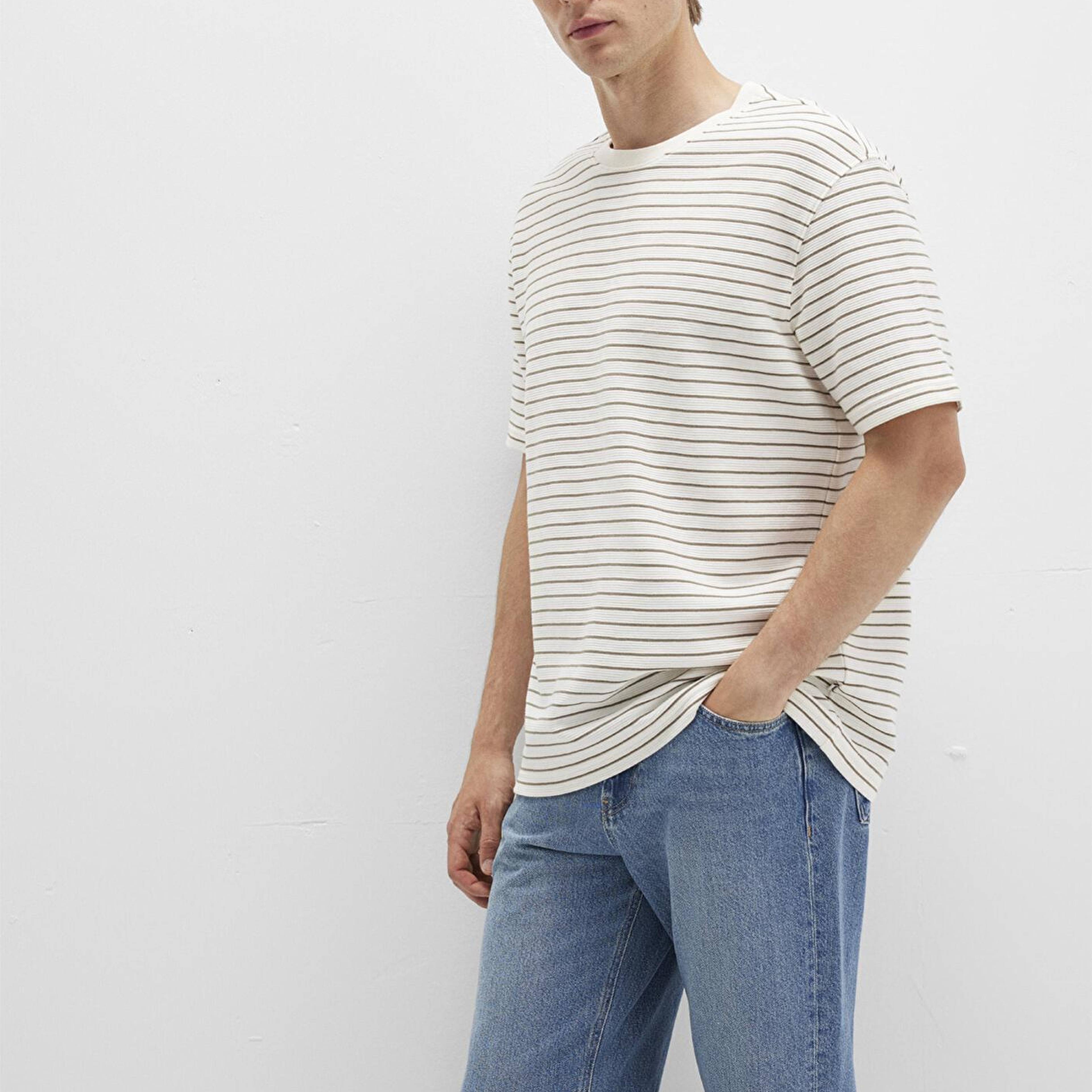 Mavi Kahverengi Çizgili Ekru Tişört Loose Fit / Bol Rahat Kesim 0612831-71816