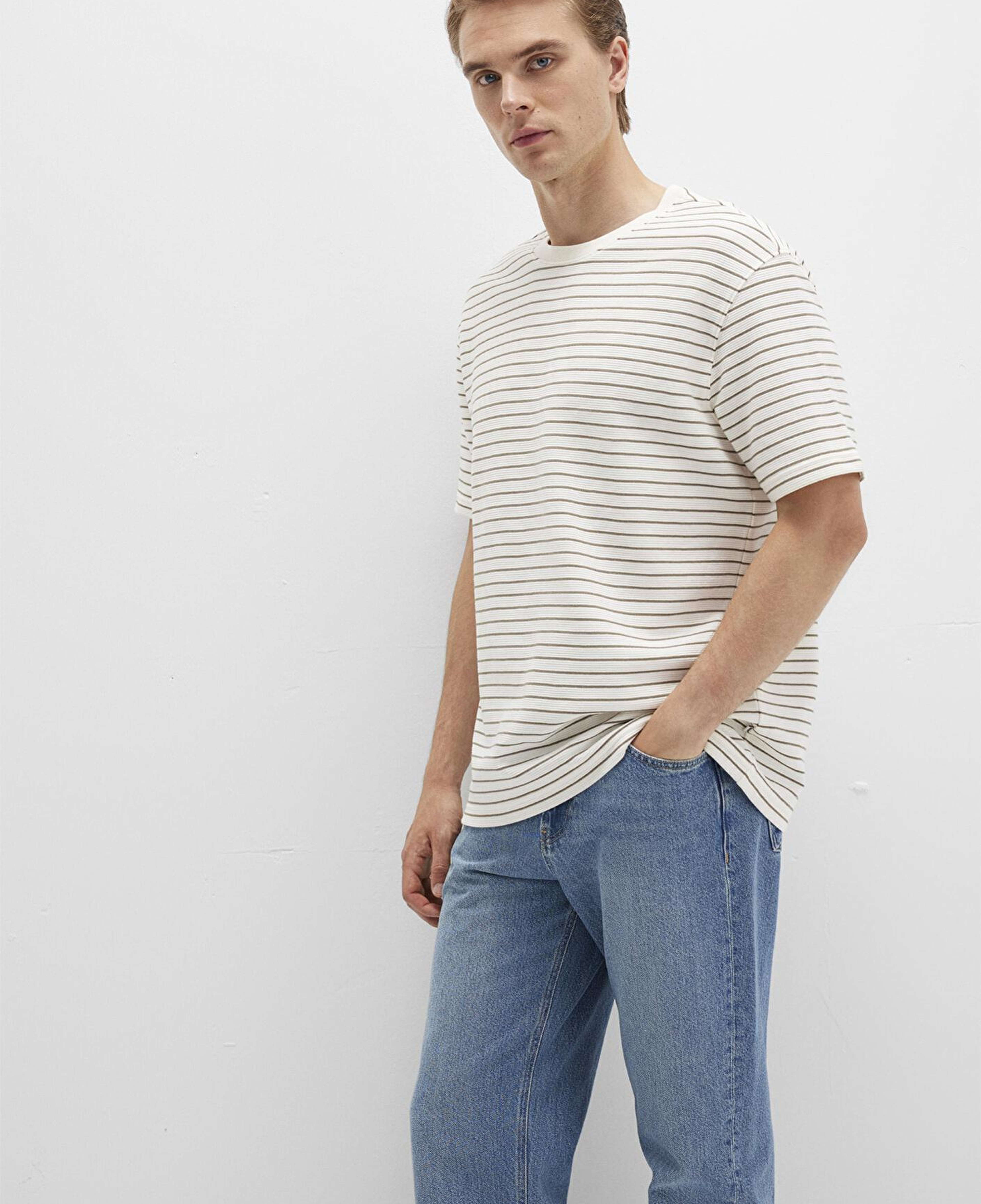 Mavi Kahverengi Çizgili Ekru Tişört Loose Fit / Bol Rahat Kesim 0612831-71816