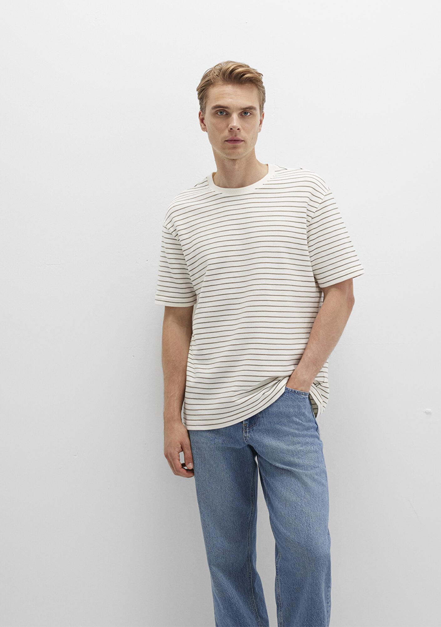 Mavi Kahverengi Çizgili Ekru Tişört Loose Fit / Bol Rahat Kesim 0612831-71816
